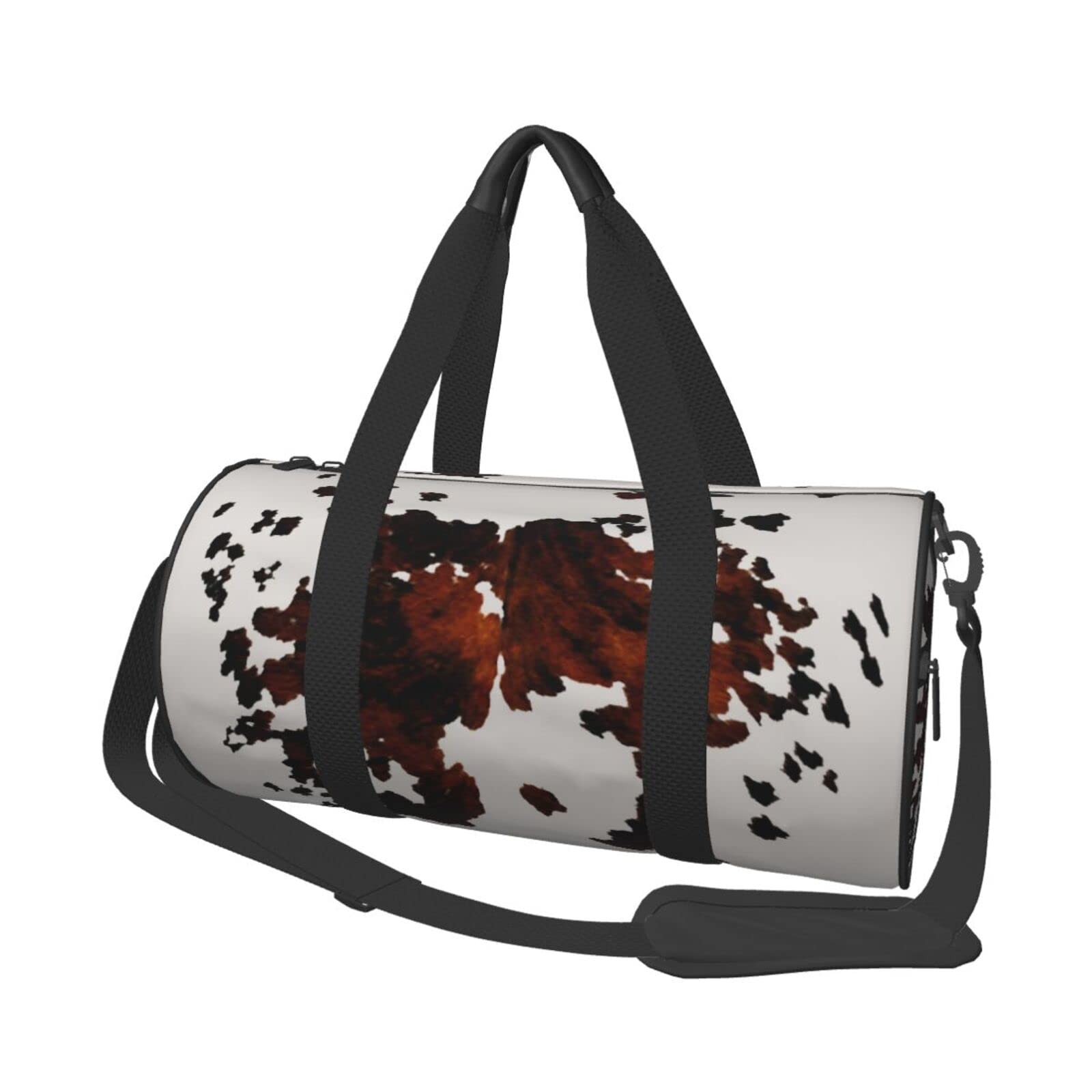 Brown & White Cowhide Round Duffel Bag - Animal Fur Travel Bag for Overnight Trips, Yoga, Gym & Weekend Getaways - Stylish Carry-On Luggage for Women & Men