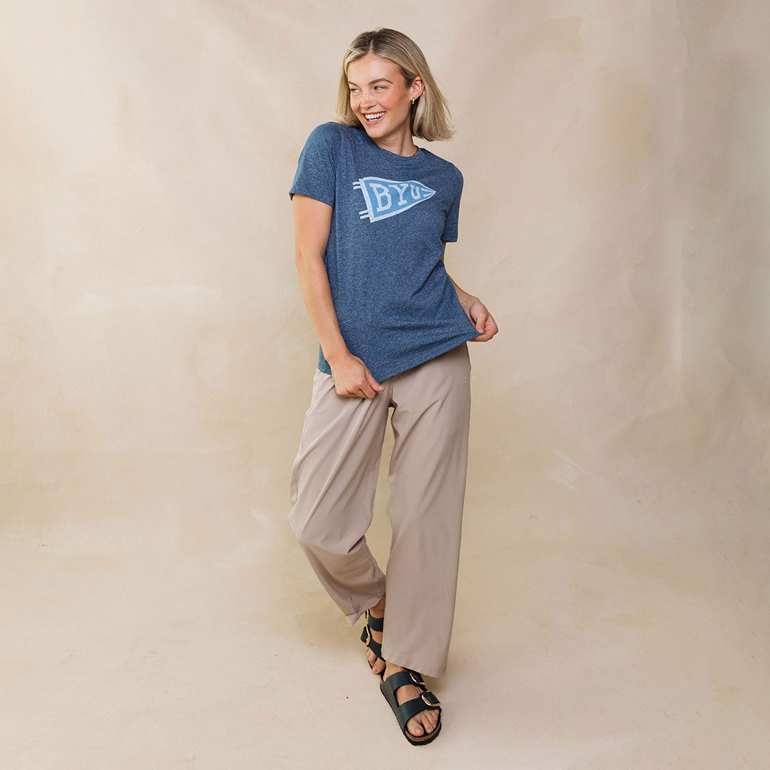 BYU Boyfriend T-Shirt - Navy Blue Tilted Flag Design - Comfortable Casual Wear for College, Game Day & Everyday Outfits