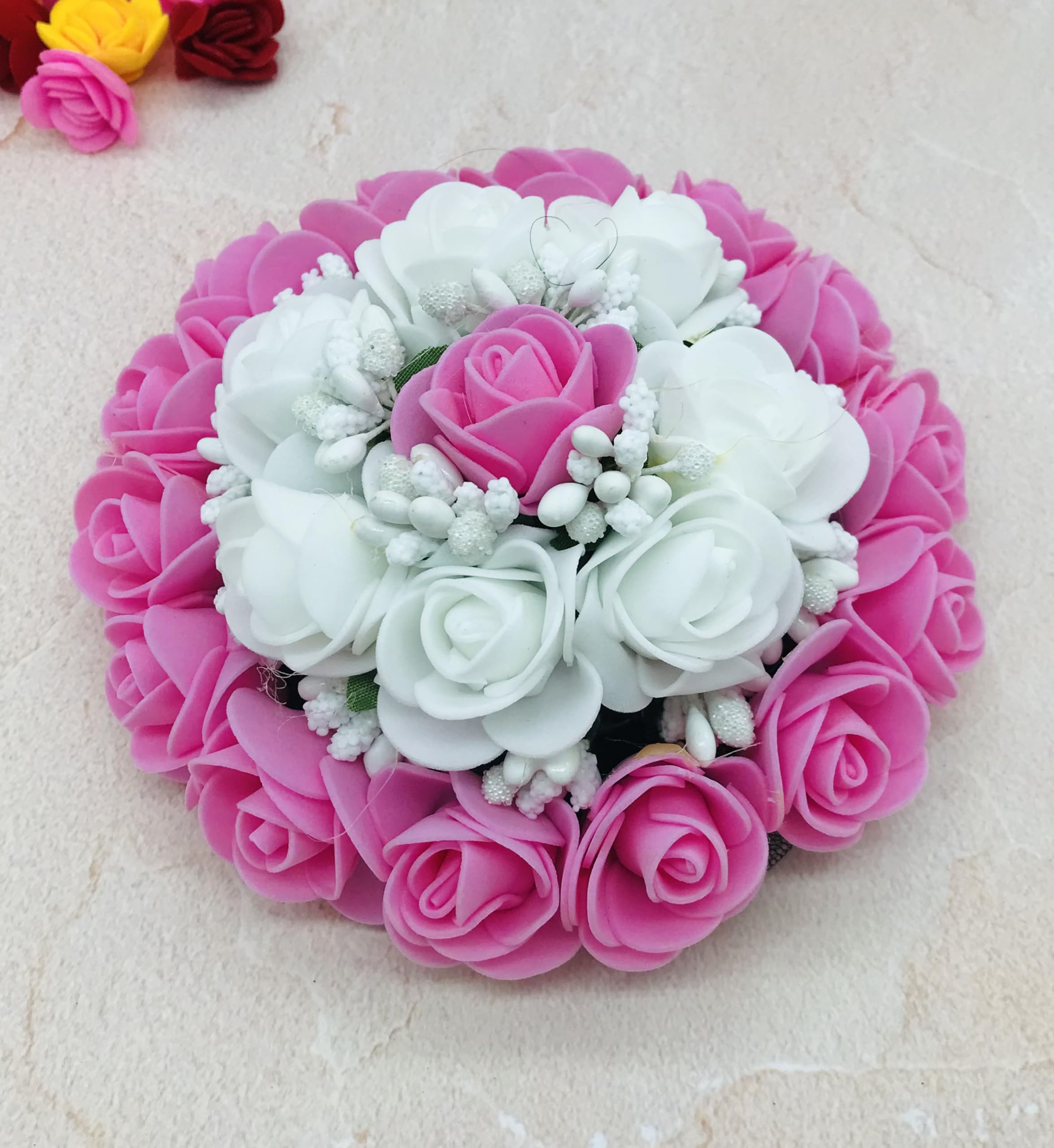 Gadinfashion™ Artificial Flower Juda Bun/Gajra Hair Accessories for Women & Girls - Pack of 1 (Pink & White) | Perfect for Weddings, Parties & Festive Occasions