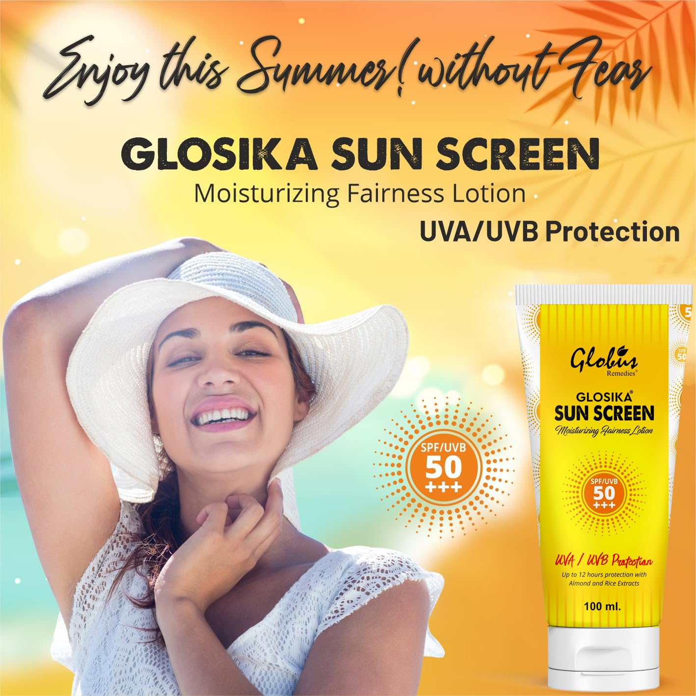 Globus Remedies Glosika SPF 50 PA+++ Sunscreen Lotion with Almond & Rose Extract - 12 Hours Sun Protection - Moisturizing & Anti-Aging Face & Body Sunscreen for Daily Outdoor Activities, Beach & Swimming