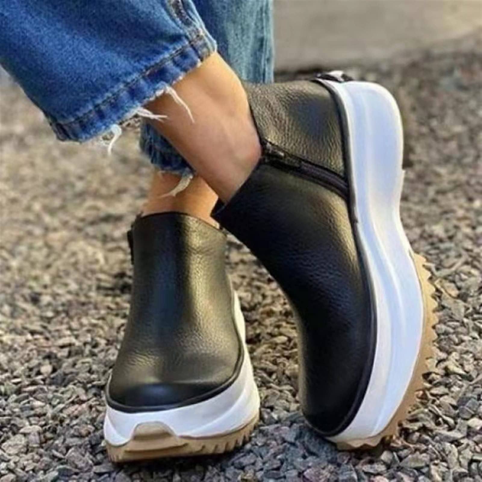 Women's Fashion Casual Short Boots - Low Top Flat Shoes with Thick Sole, Pull-On Design, Nude & Black Options | Perfect for Spring & Fall Outfits, Office Wear, and Daily Comfort (Size 7.5)