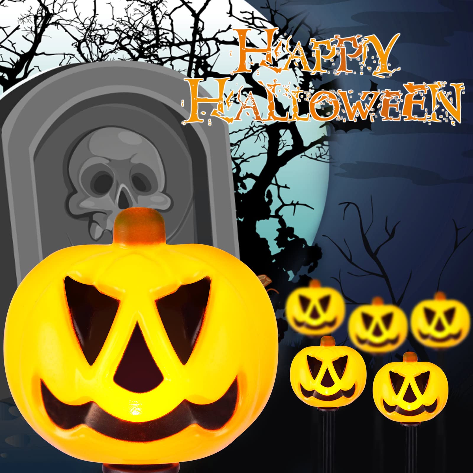 10 Pack Solar Halloween Pumpkin Stake Lights - Waterproof Outdoor Garden & Yard Decorations for Halloween Party, Pathway, Porch, and Patio Lighting