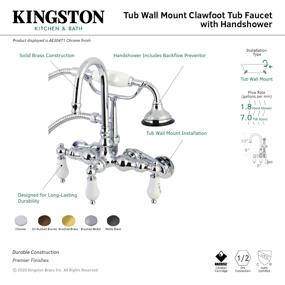 Vintage Clawfoot Tub Faucet with Hand Shower - 3 Handle Wall Mount 2 Hole Bathtub Faucet in Polished Chrome - Perfect for Antique Bathroom & Victorian Style Home Decor