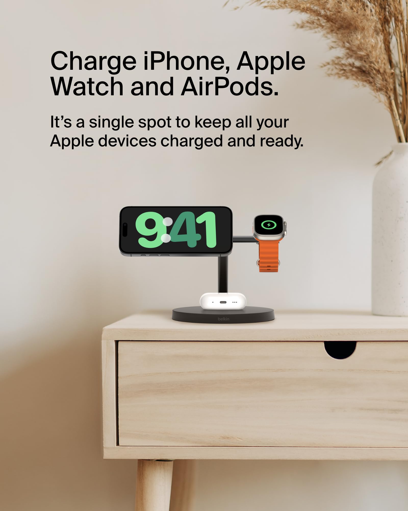 Belkin MagSafe-Compatible 3-in-1 Wireless Charging Station | Qi2-Certified 15W Fast Charger for iPhone 16 Series, Apple Watch & AirPods | Non-Slip Base with 40W Power Adapter | Perfect for Home, Office & Travel (Black)