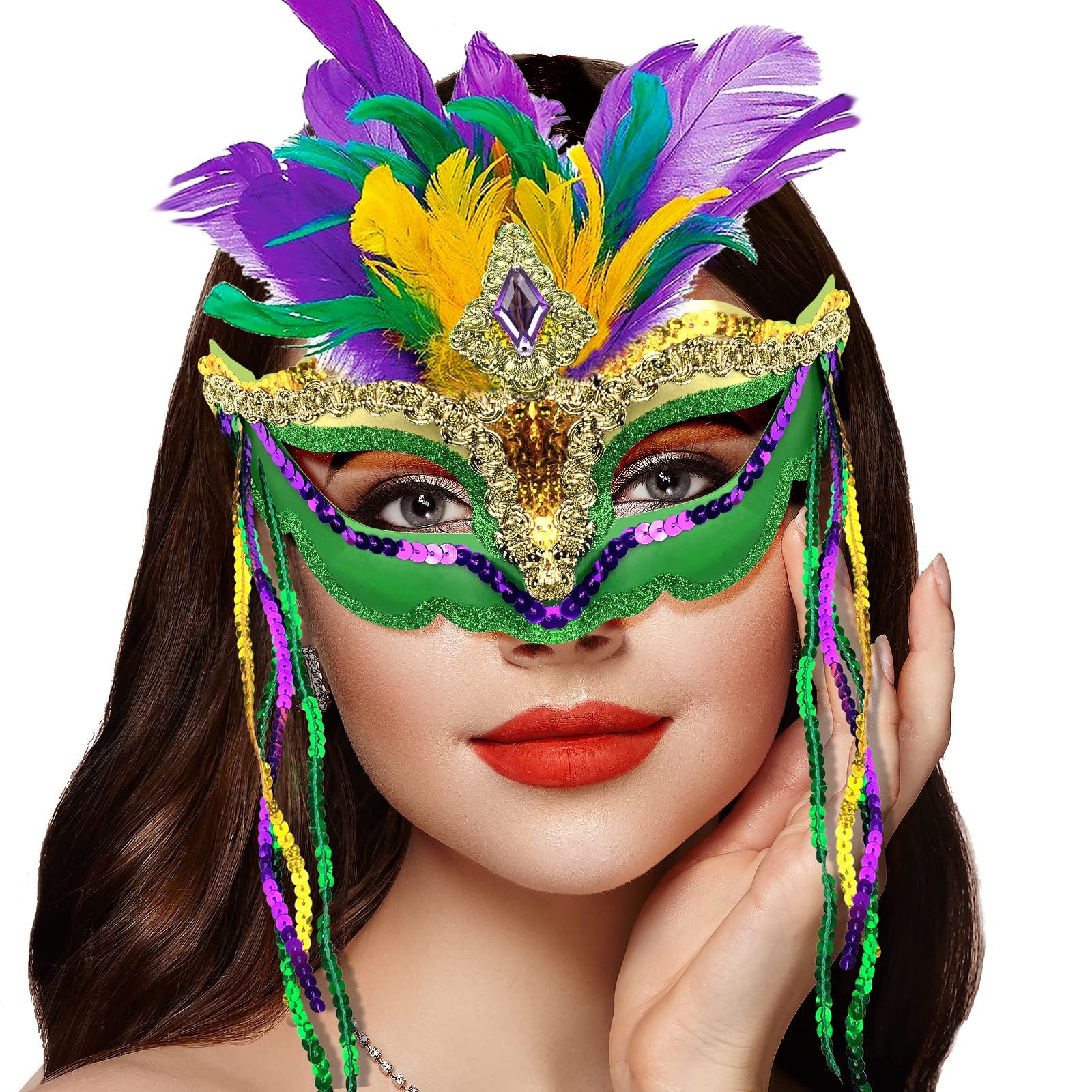 QLINLEAF Mardi Gras Mask - Feather Masquerade Venetian Carnival Mask for Women, Halloween Costume Accessory, Cosplay Party Mask - Perfect for Mardi Gras Balls, Venetian Carnivals, Halloween Parties & Costume Events