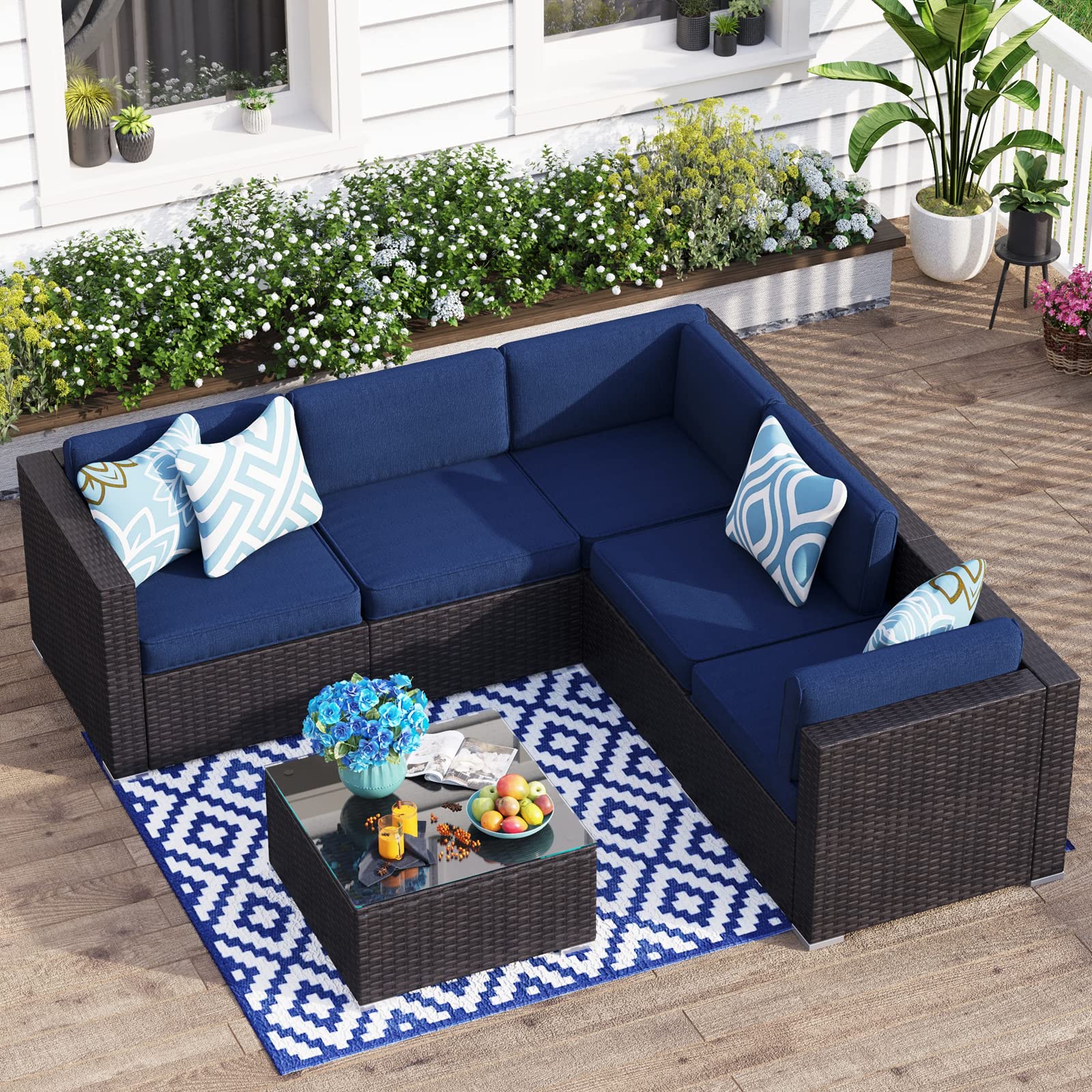 MFSTUDIO 6-Piece Outdoor Patio Furniture Set - Rattan Wicker Sectional Sofa with Navy Blue Cushions & Glass Coffee Table - Modular Conversation Set for Garden, Poolside, and Backyard Relaxation