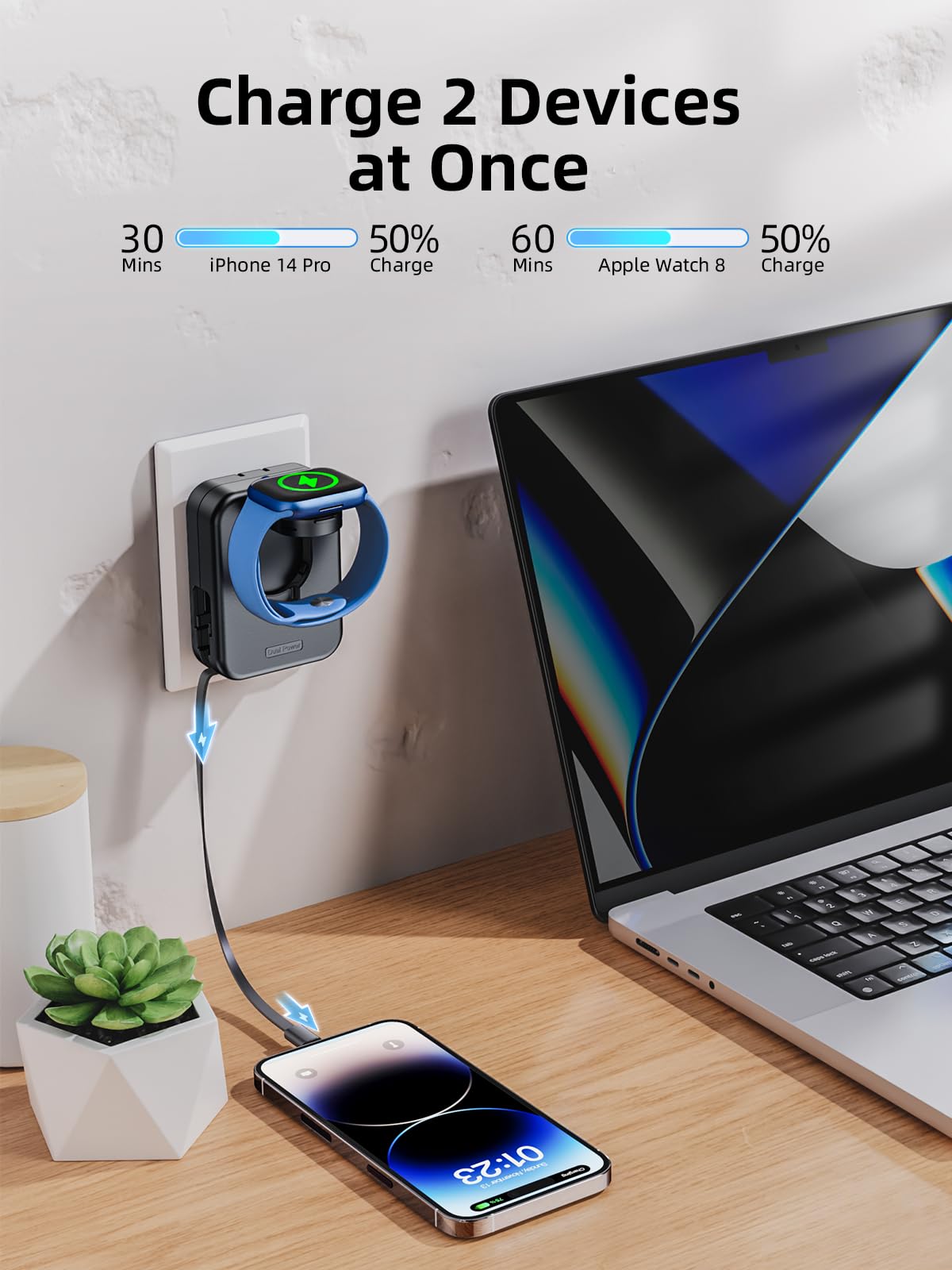 2 in 1 Apple Watch & iPhone Charger Block - Built-in Retractable Cable, Foldable Travel Plug Power Adapter for iWatch Series 9/8/7/SE & iPhone 15/14/13 - Perfect for Home, Office & Travel Charging