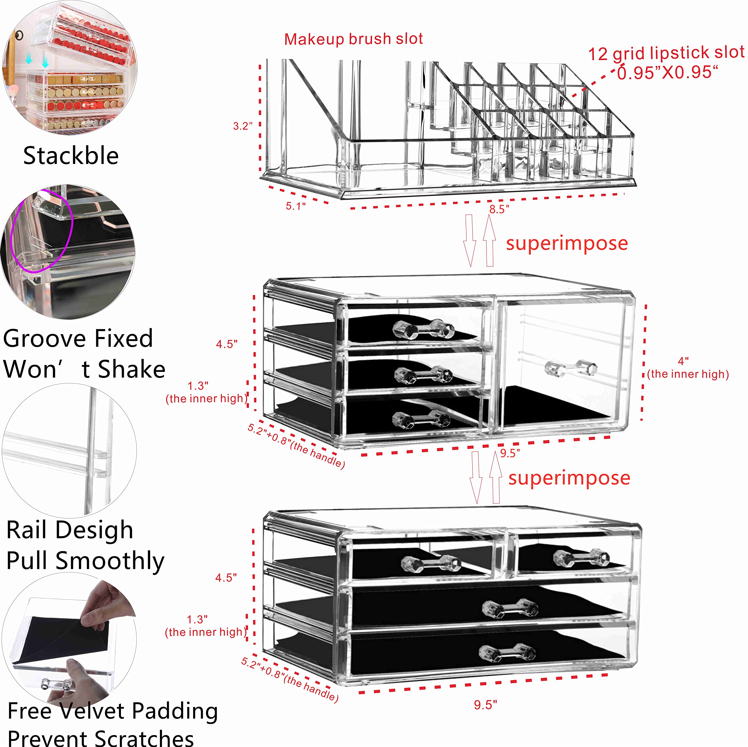 3-Pack Clear Acrylic Makeup Organizer with 8 Stackable Drawers - Countertop Vanity Storage for Jewelry, Hair Clips & Beauty Products - Perfect for Dresser, Desk & Bathroom Organization