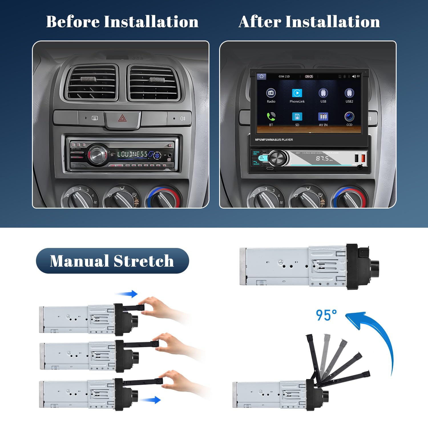 Hikity 7 Inch Wireless CarPlay & Android Auto 1 DIN Car Stereo with Retractable Touch Screen, Bluetooth Radio, EQ FM AM, AUX TF, Rear Camera - Perfect for Commuting, Road Trips & Hands-Free Driving
