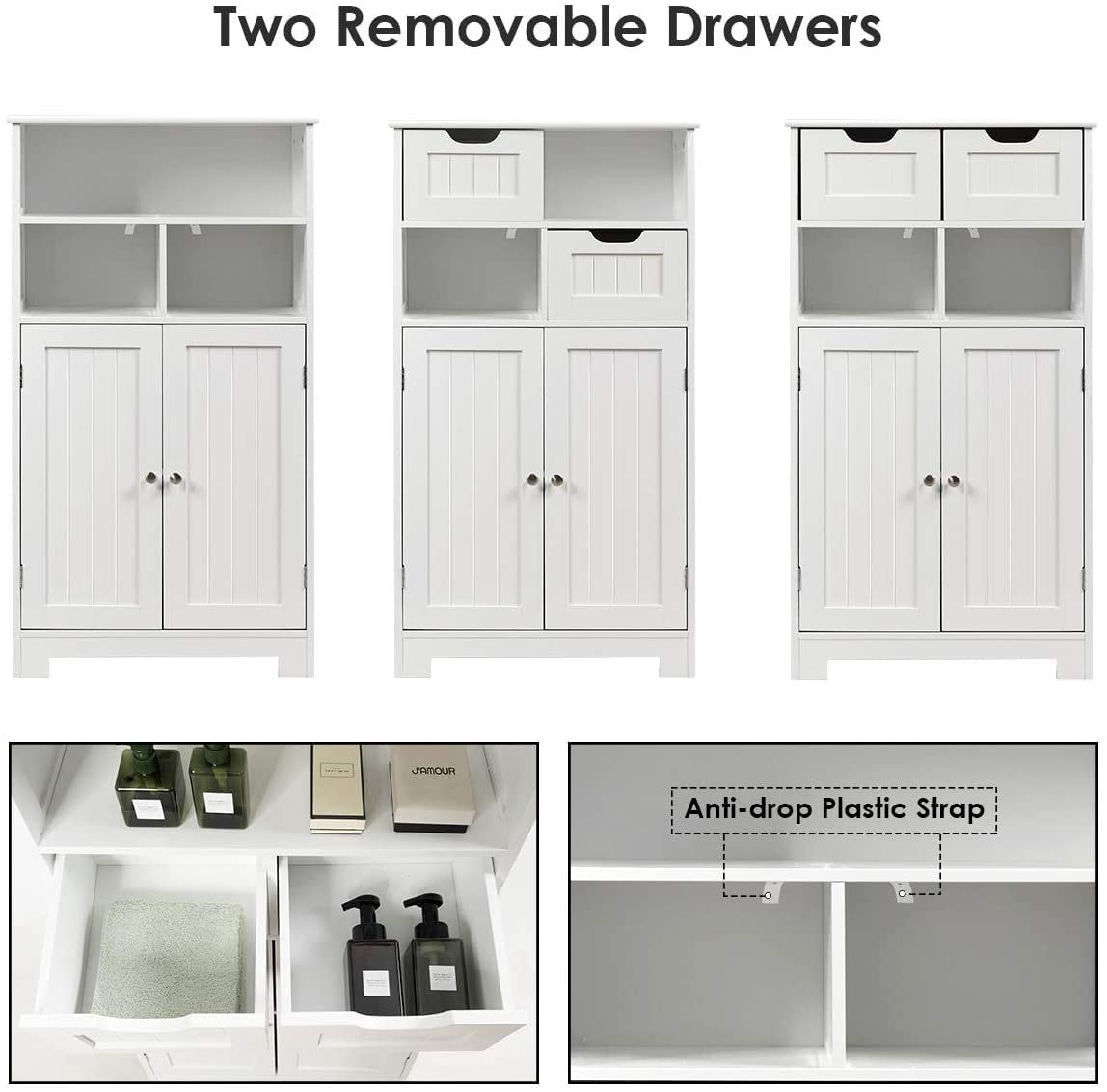 Rainfally Bathroom Storage Cabinet with Open Shelf, 2 Doors & Adjustable Drawers - White Standing Cupboard for Kitchen, Bathroom, Bedroom & Office - Perfect for Organizing Towels, Toiletries & Cleaning Supplies