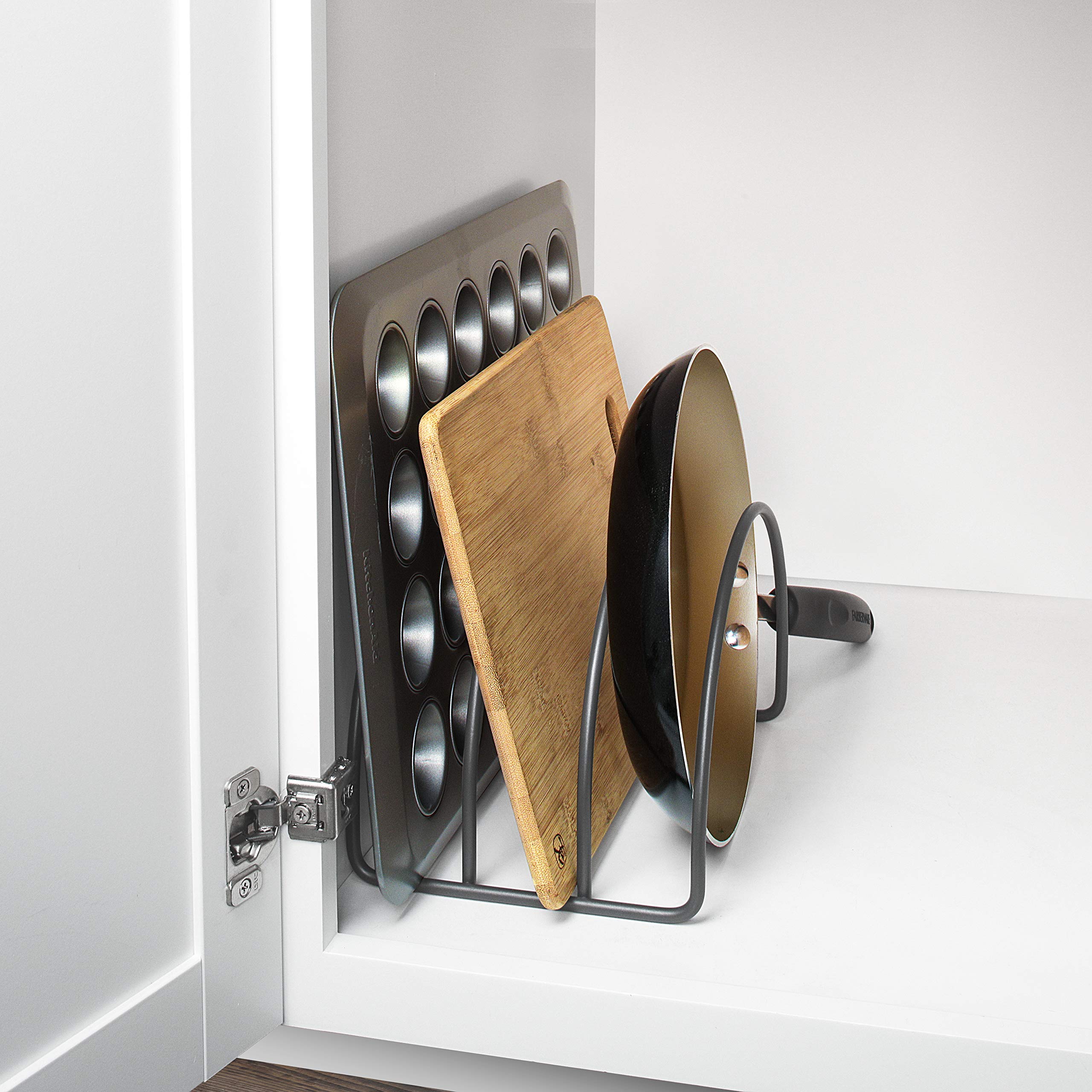 Spectrum Arch Kitchen Lid Organizer - Space Saving Rack for Plates, Cutting Boards, Bakeware, Pots & Pans - Durable Gray Storage Solution for Countertop or Cabinet Organization