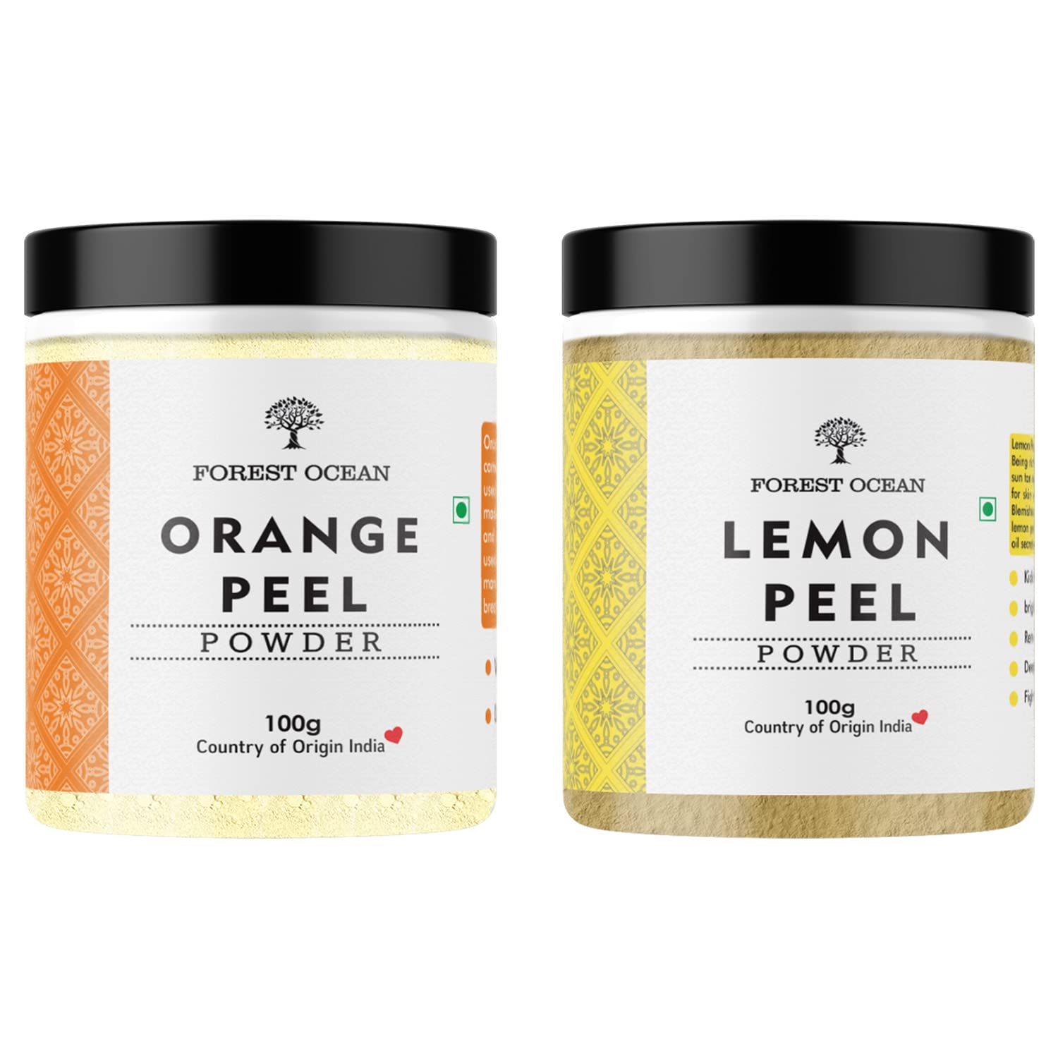 Forest Ocean Orange Peel Powder & Lemon Peel Powder - Natural Skin Whitening & Acne Spot Treatment | Exfoliating Face & Body Scrub | Hair Fall Control Combo Pack (2x100g) - Perfect for Glowing Skin, Acne Care & Hair Nourishment at Home