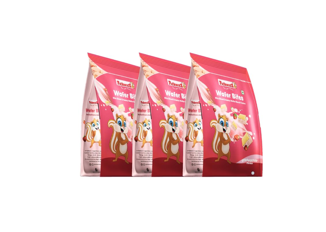 Pickwick Bite-Sized Creamy Wafer Biscuit Cubes - Strawberry Flavor (3-Pack, 120g Each) | Natural Fruit Powder | Crispy Creamy Snacks for Kids & Adults | Perfect for Lunchboxes, Tea Time & Office Snacks