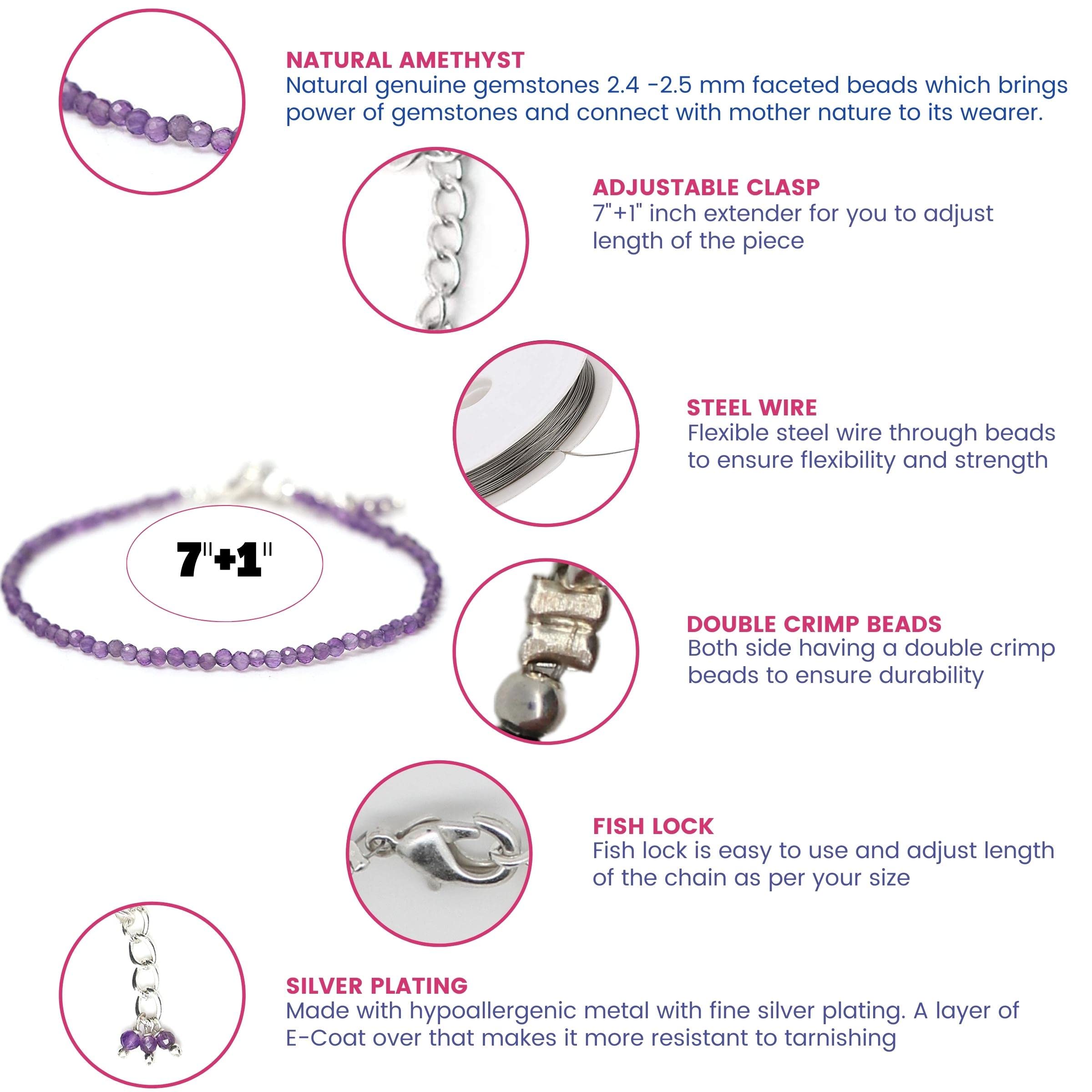 Gempires Amethyst Beaded Bracelet - February Birthstone Jewelry for Women, 8 Inch Silver Plated Dainty Bracelet, Hypoallergenic Gemstone Gift | Perfect for Birthdays, Valentine's Day & Everyday Wear