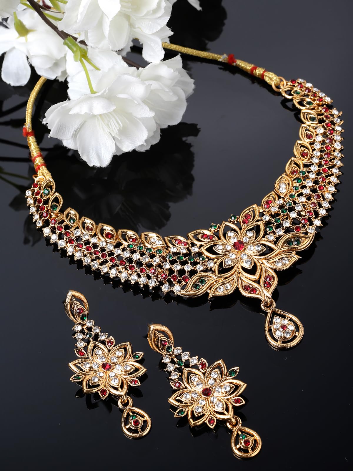 Elegant Gold Plated Multicolor AD Stone Collar Bone Necklace & Earrings Set for Women | Fashion Jewelry Gift for Party, Wedding & Evening Occasions (NS105515)