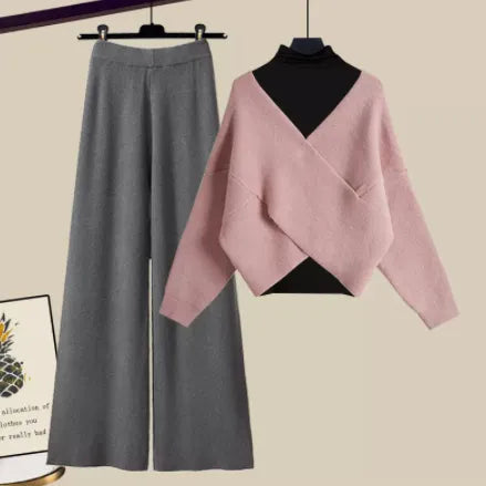 Women's Fall Winter Warm Knit Three Piece Set - Elegant V Neck Sweater, Basic Top & Wide Leg Knitted Pants Outfit for Office Ladies | Cozy Workwear & Casual Winter Fashion