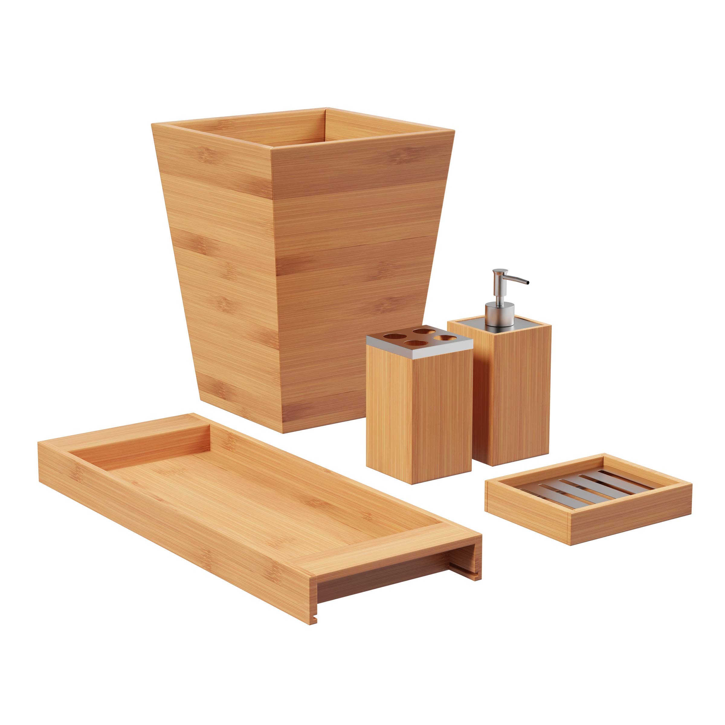 5-Piece Bamboo Bathroom Decor Set - Eco-Friendly Vanity Organizer with Waste Bin, Soap Dish, Dispenser & Toothbrush Holder by Lavish Home | Perfect for Spa-Style Bathrooms, Guest Suites & Modern Home Decor (Natural)