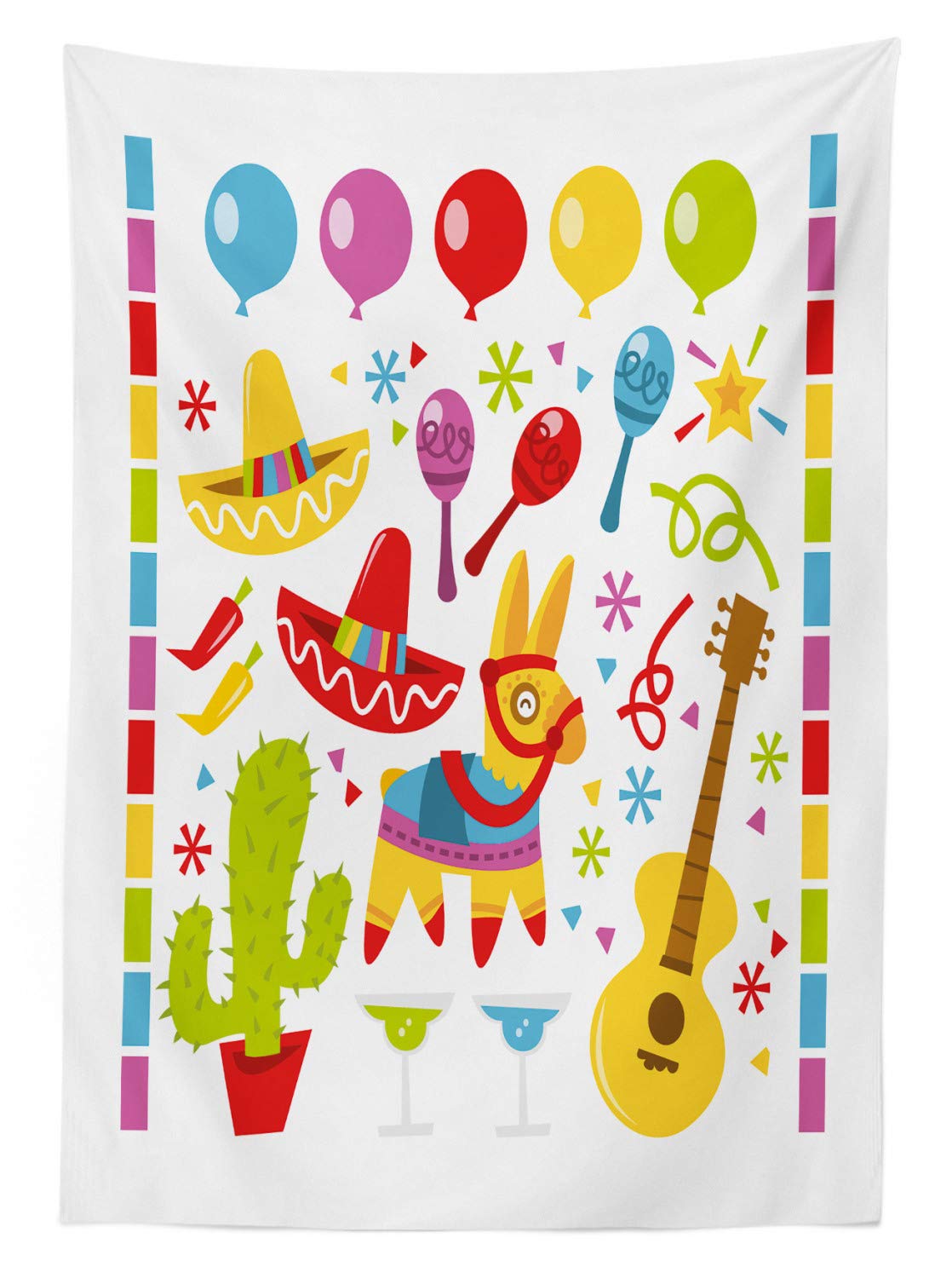Ambesonne Fiesta Outdoor Tablecloth - Mexican Party Design with Cactus, Sombrero & Musical Notes - Washable Picnic Table Cover 58x120 Inches - Perfect for Cinco de Mayo, BBQs & Garden Parties