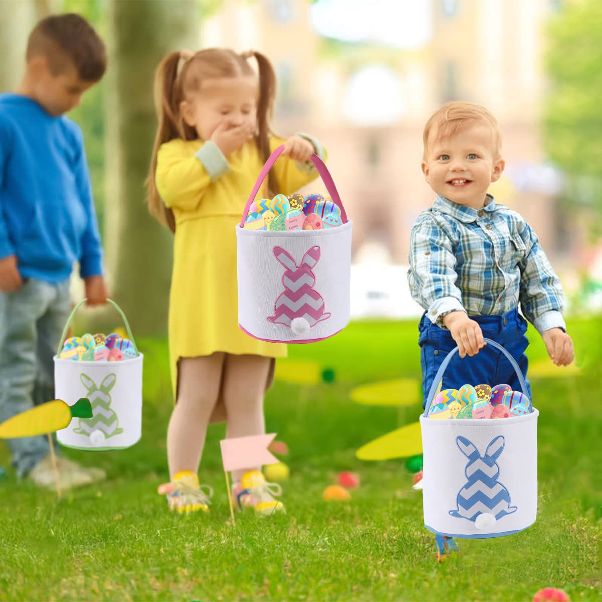Easter Bunny Basket Bags for Kids - Striped Rabbit Pattern Cotton Canvas Egg Hunt Bag with Fluffy Tail - Personalized Easter Gift Basket for Candy, Eggs & Treats (Pink) - Perfect for Easter Egg Hunts, Spring Celebrations & Kids' Party Favors