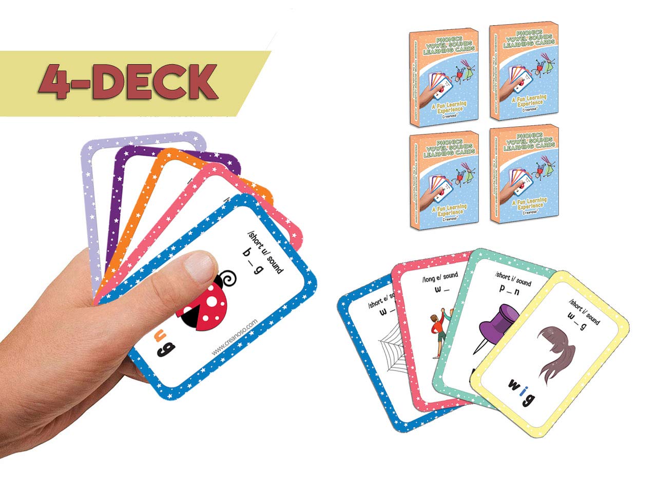 Phonics Vowel Sounds Learning Cards for Kids (4-Deck) - Teaching Tool for Home & Classroom