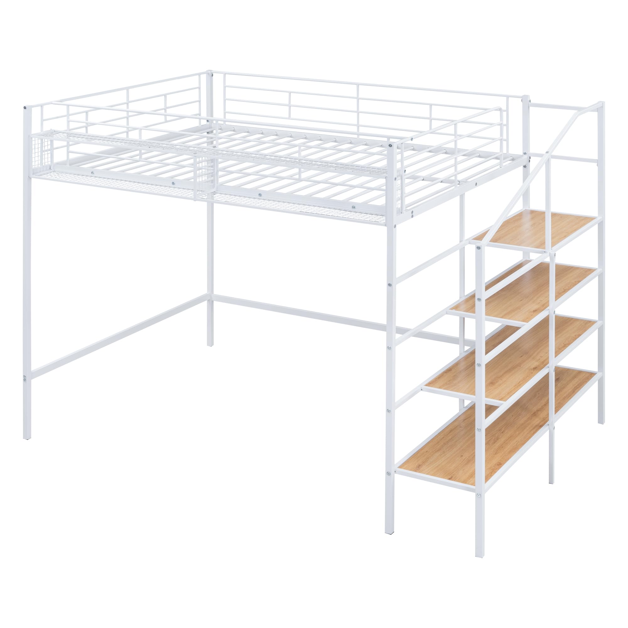 Full Size Loft Bed with Stairs - Heavy Duty Metal Loft Bed Frame with Storage Steps & Grid Shelf - Sturdy High Loft Bed for Kids, Teens & Adults - Perfect for Small Spaces, Dorms & Apartments (White)