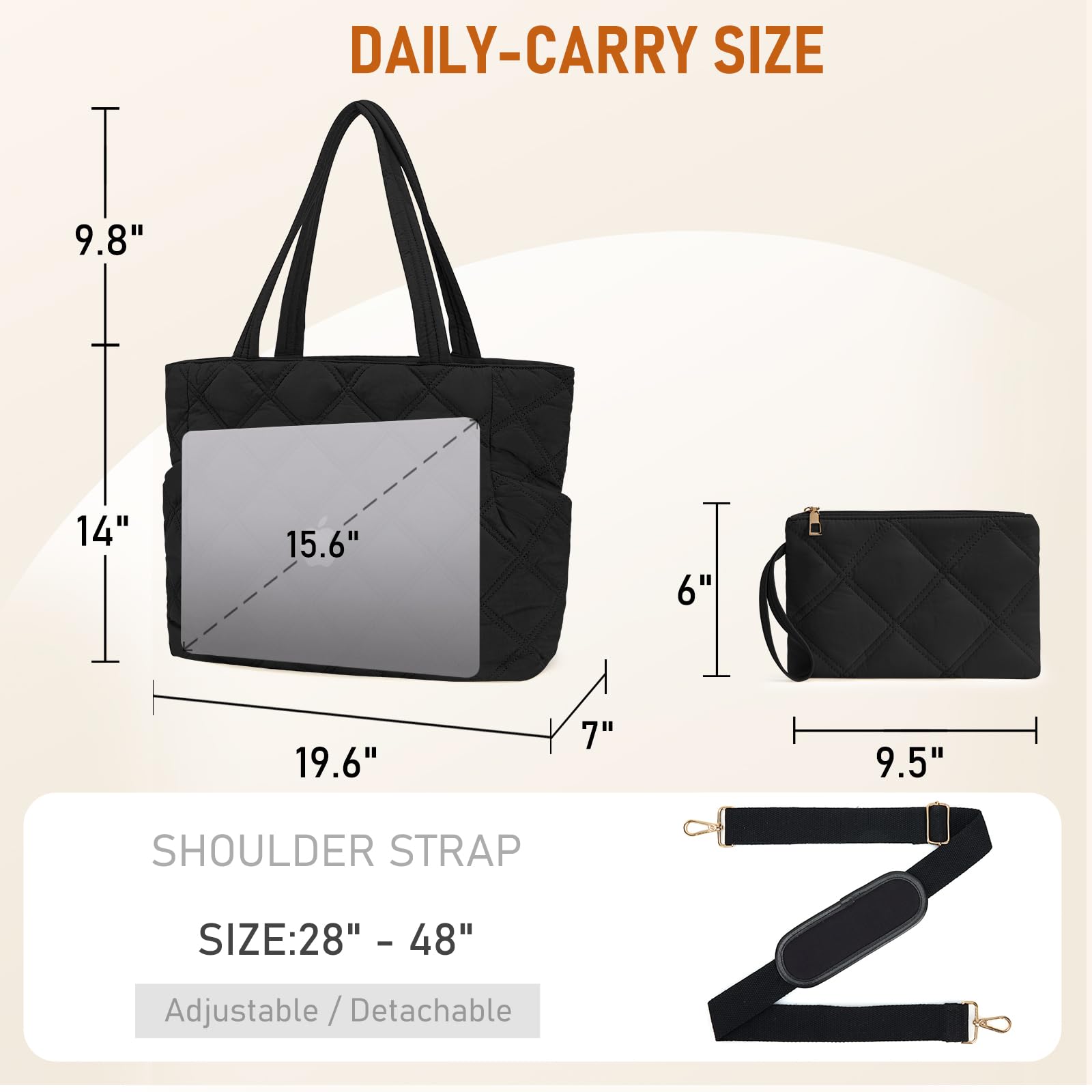 Women's Puffer Laptop Tote Bag with Zipper - Quilted Lightweight Travel Handbag for Work, Gym & Weekend - Perfect for Teachers, Nurses & Professionals (Black)
