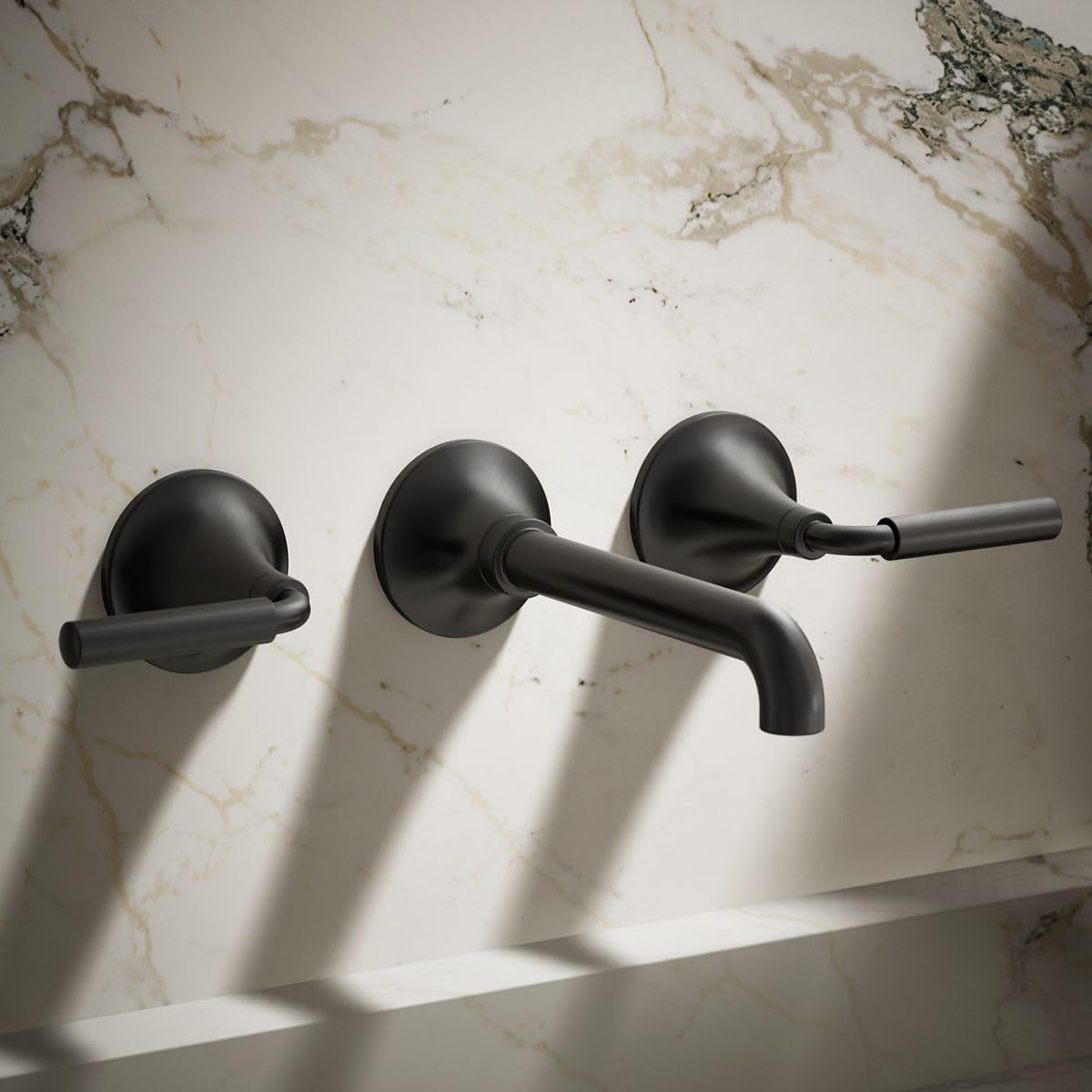 Kohler T26439-4-BL Matte Black Wall-Mount Bathroom Sink Faucet Set with Two Lever Handles - Modern Waterfall Spout Design for Powder Room, Guest Bath & Small Space Installation