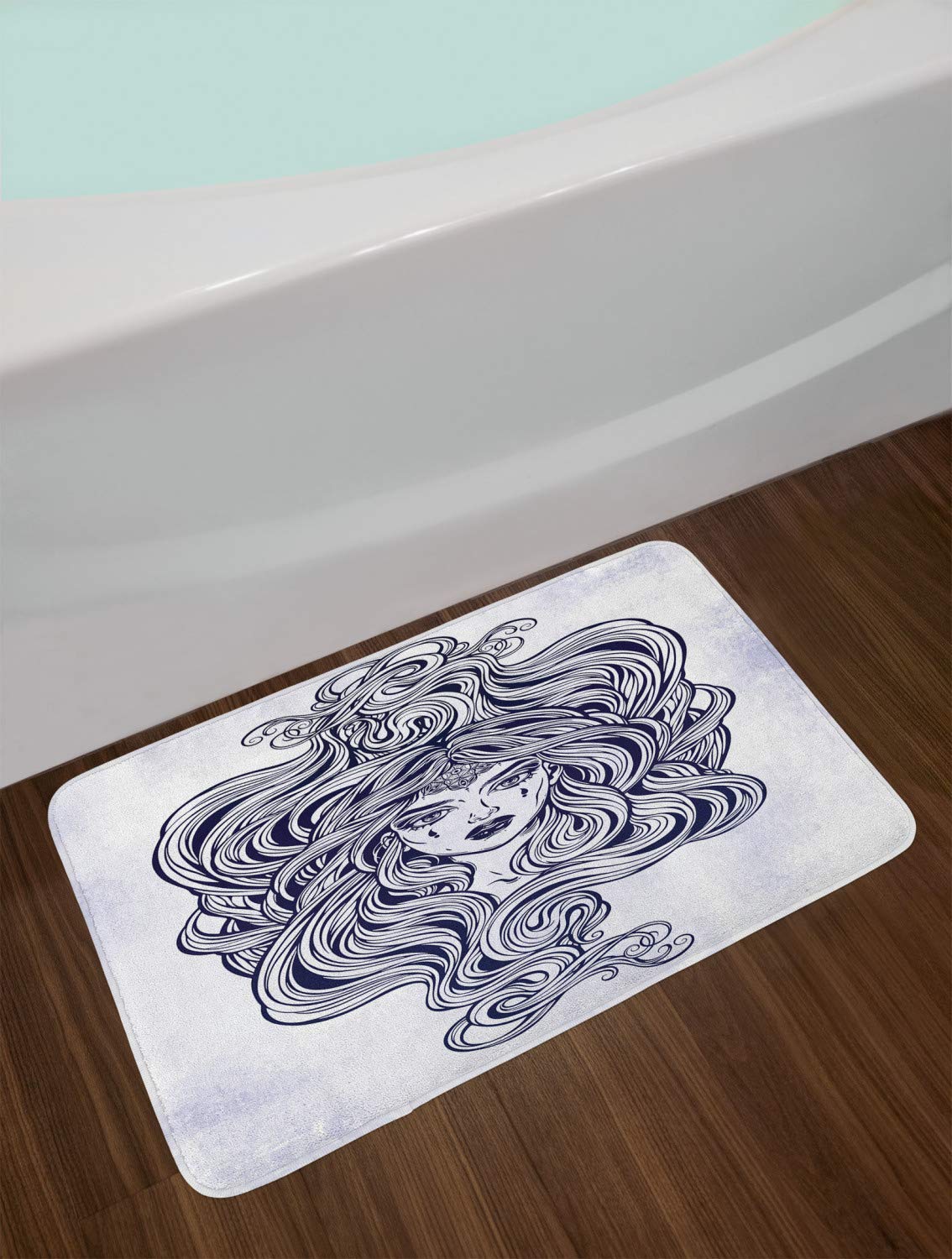 Ambesonne Hair Salon Bath Mat - Art Nouveau Style Mythological Medusa Hair Design, Non-Slip Plush Bathroom Rug, 30.2