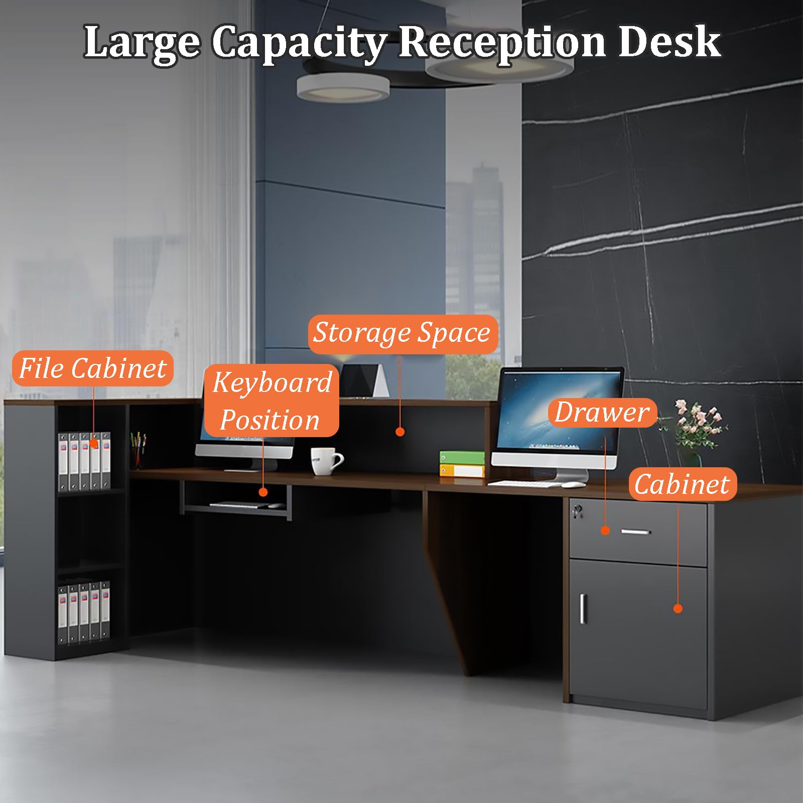 Modern Reception Desk with Open Shelves & Lockable Drawers - Stylish Computer Desk for Salon, Lobby, Hotel Checkout & Office - Perfect for Professional Spaces & Home Offices