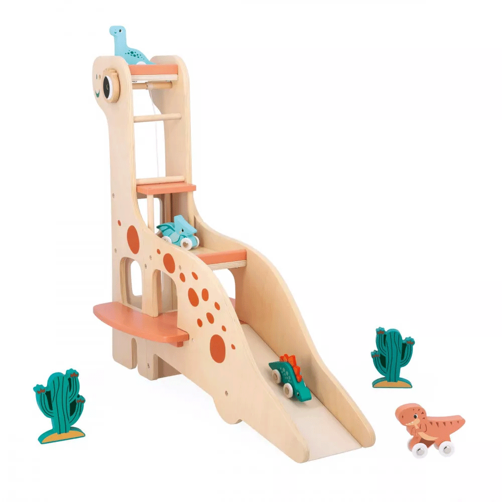 Janod Dino Garage - Wooden Toy Car Garage for Kids with Dinosaur Theme | Pretend Play, Imaginative Play, Gift for Boys & Girls Ages 3+