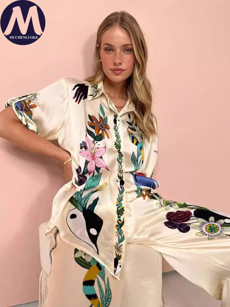 2 Piece Women's Outfit - Bohemian Print Half Sleeve Shirt & Wide Leg Pant Set | Summer Casual Loose Fit Matching Set for Beach, Vacation & Everyday Wear