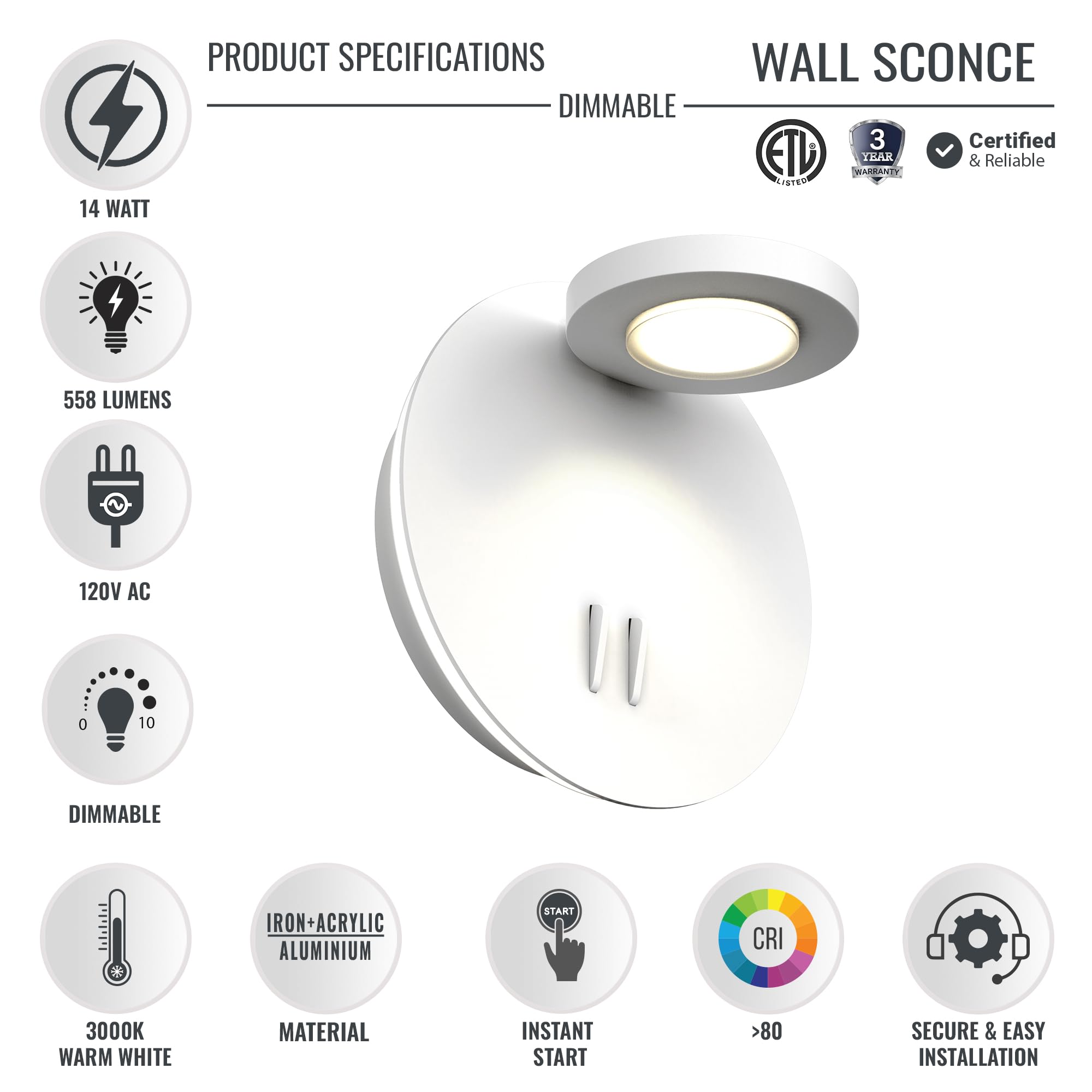 LEDMyplace 14W LED Wall Sconce - 3000K Warm White Indoor Bedroom Light, 558 Lumens, 120V, High CRI, White Acrylic Shade, Sand White Finish - Perfect for Hallway, Living Room & Bedroom Lighting