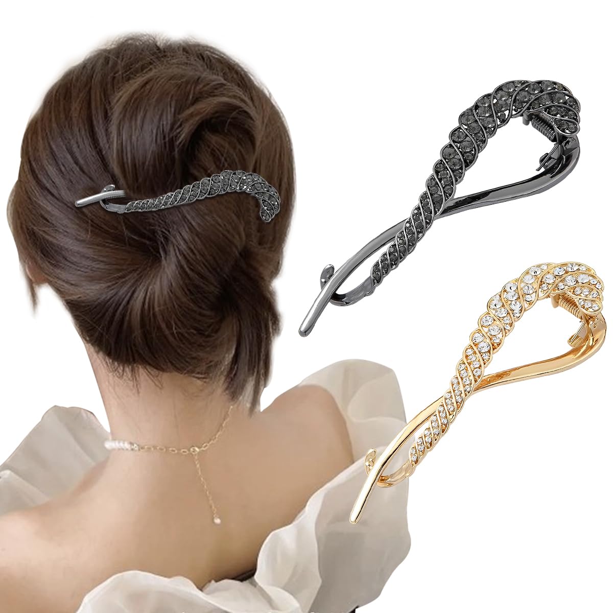 PALAY® 2-Pack Rhinestone Hair Bun Clips for Women - French Style Metal Bun Makers for Medium to Thick Hair (Black & Gold Set) | Perfect for Updos, Weddings, Parties & Everyday Elegant Hairstyles
