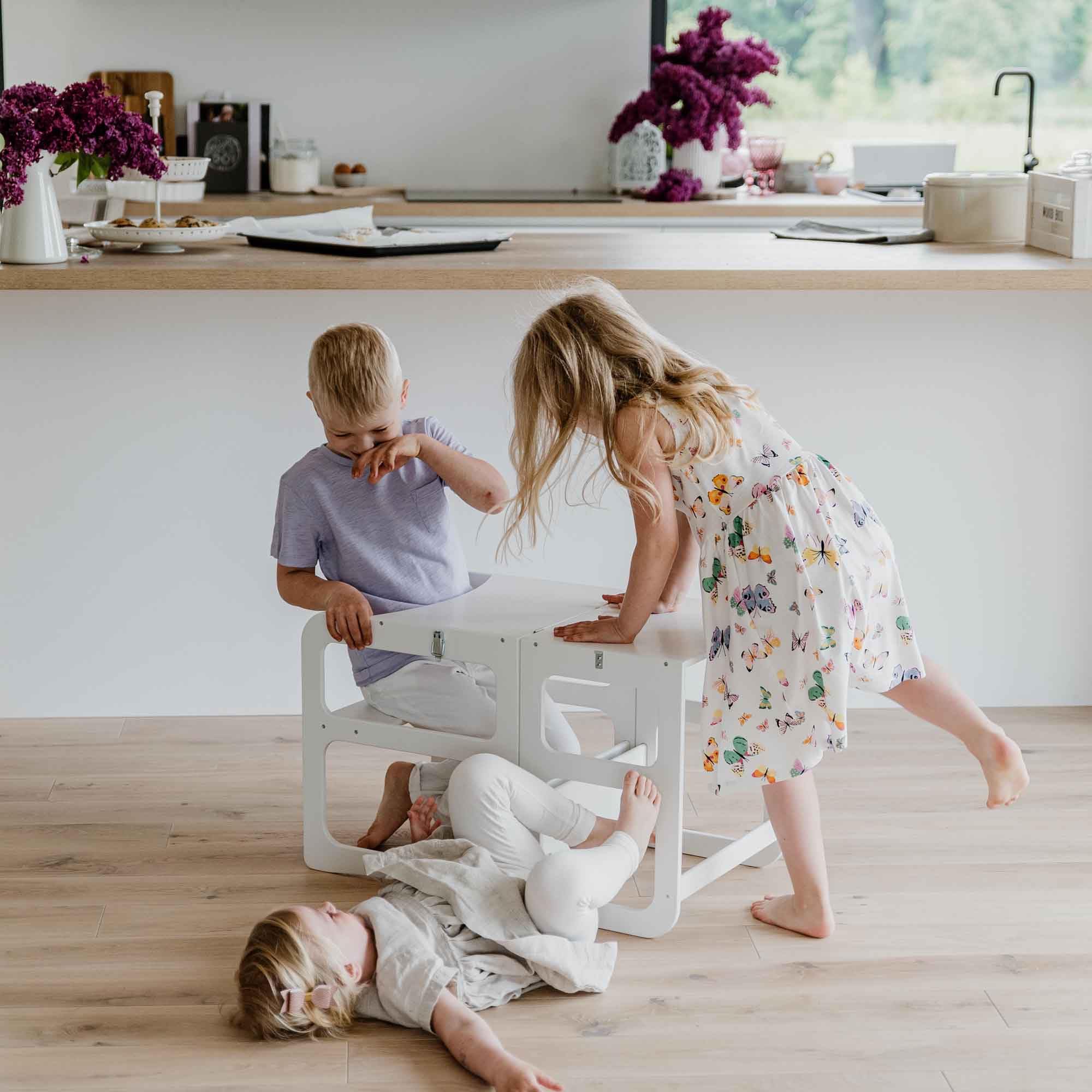 2-in-1 Convertible Kitchen Tower & Step Stool for Toddlers - Adjustable Learning Tower with Safety Rail - Montessori Weaning Table & Chair Set for Kids - Perfect for Baking, Cooking & Playtime Activities