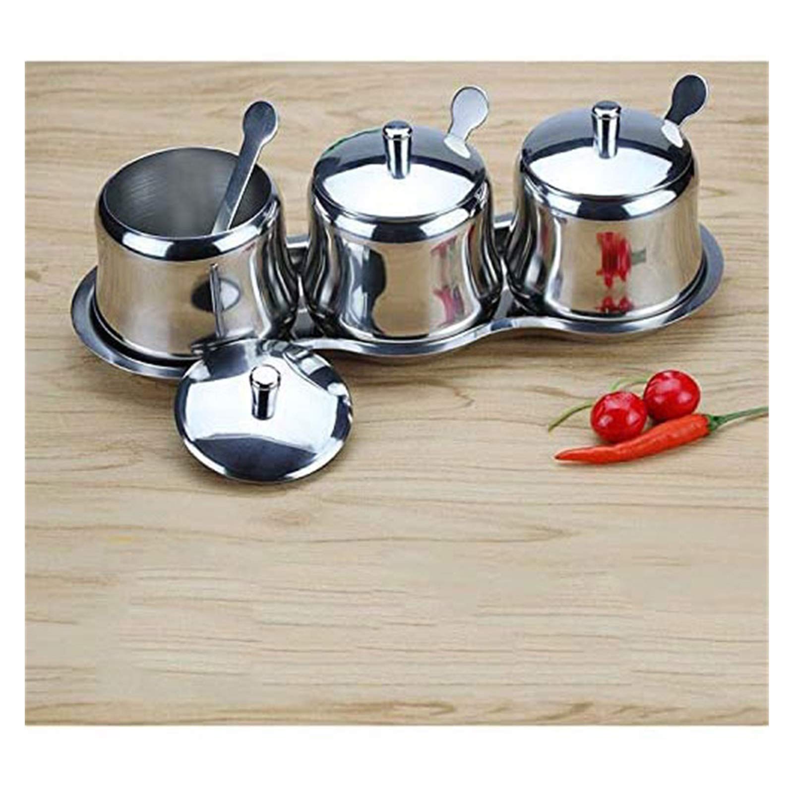Premium Set of 3 Airtight Stainless Steel Spice Jars with Bamboo Lids & Serving Spoons - Kitchen Organizer for Spices, Herbs, Salt, Pepper - Perfect for Cooking, Baking & Countertop Storage