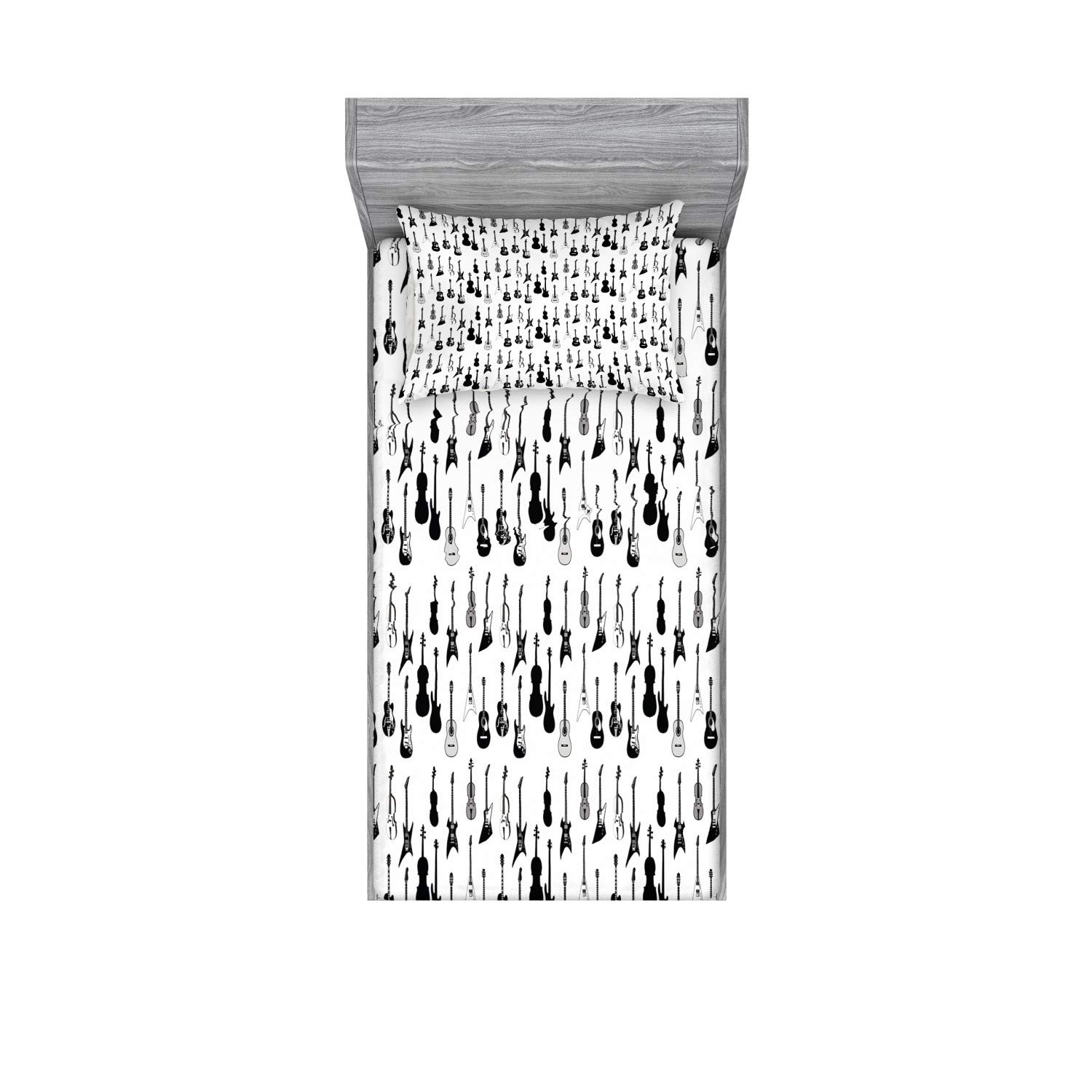 Ambesonne Music Themed Fitted Sheet & Pillow Sham Set - Monochrome Guitar, Cello, Violin Print 2-Piece Twin Bedding in Charcoal White | Perfect for Musicians' Bedrooms & Music Lover Home Decor