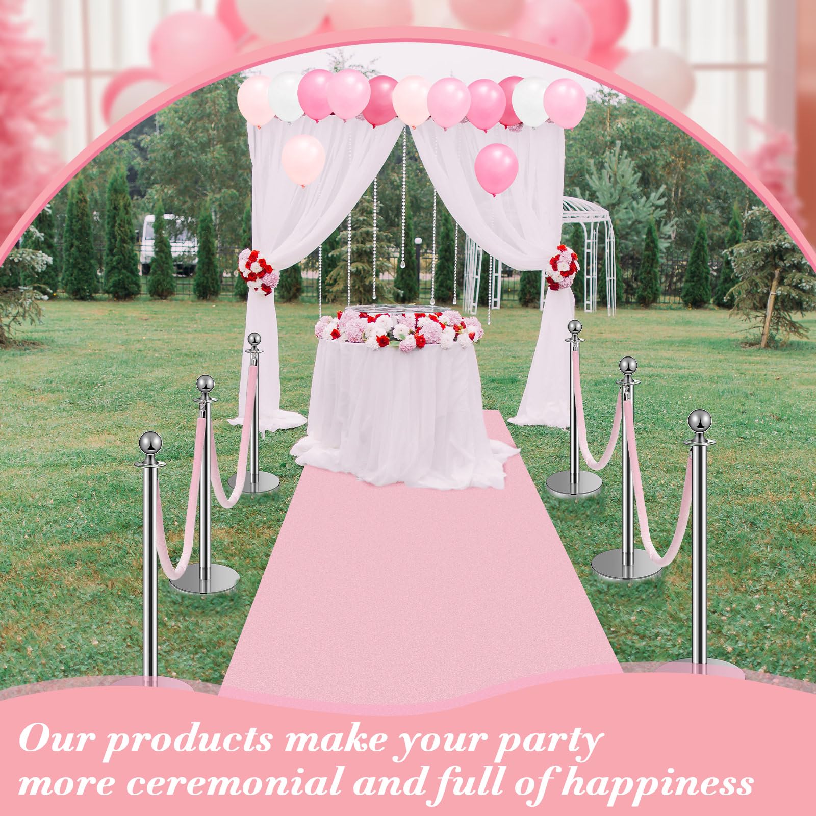 76-Piece Pink Party Carpet Runner Set with Floor Runner, Double-Sided Tape, Stanchion Posts, Velvet Ropes & Balloons - Wedding, Birthday, Red Carpet Event Decorations