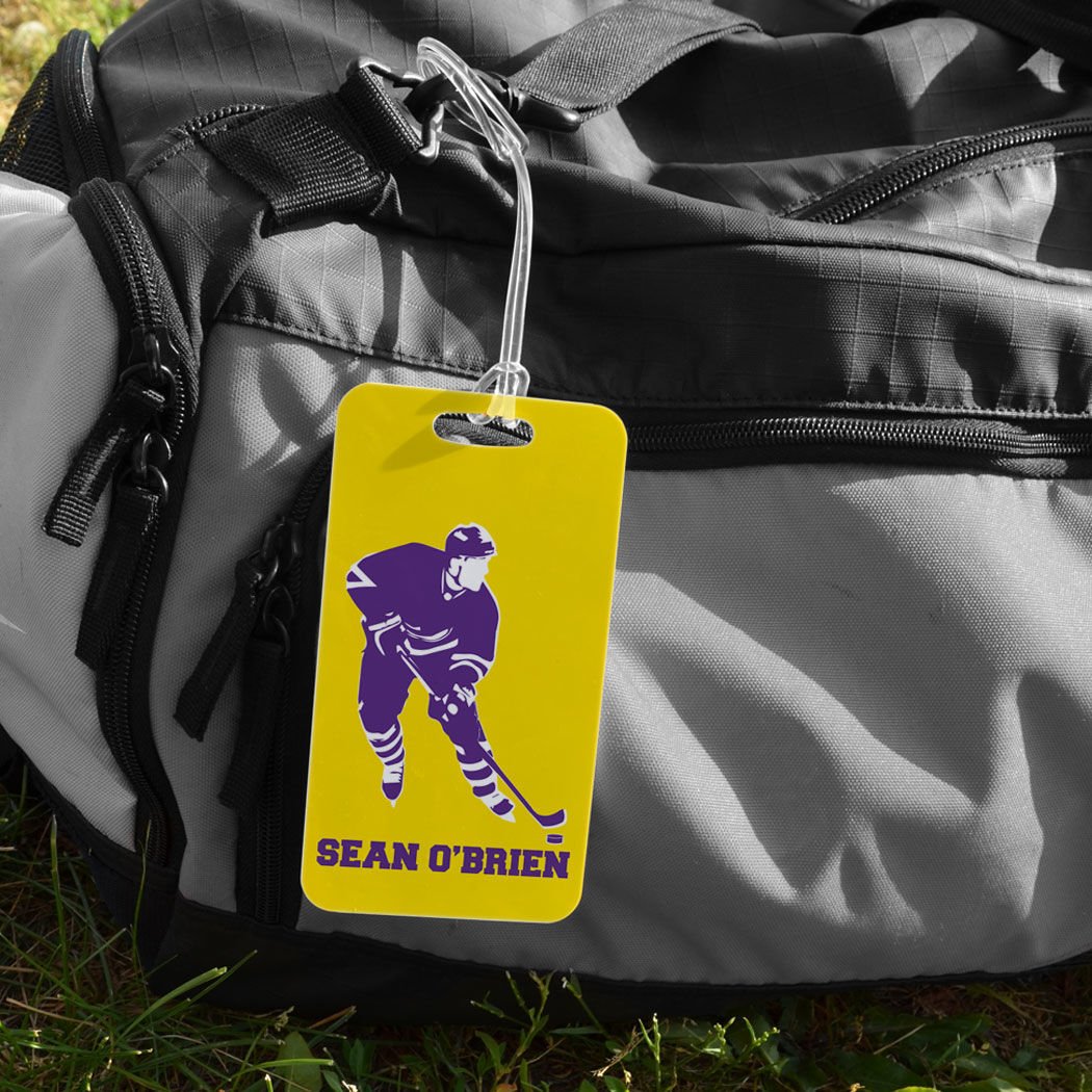 Personalized Hockey Player Name Luggage Tag - Large Yellow & Purple Hockey Bag Tag with Standard Lines - Perfect for Hockey Travel Gear & Sports Equipment Identification