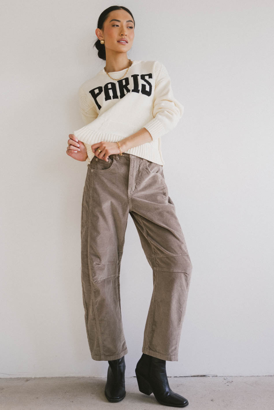 Lisette Women's Taupe Corduroy Barrel Jeans - High Waist Straight Leg Pants for Casual Wear & Office Outfits | Final Sale