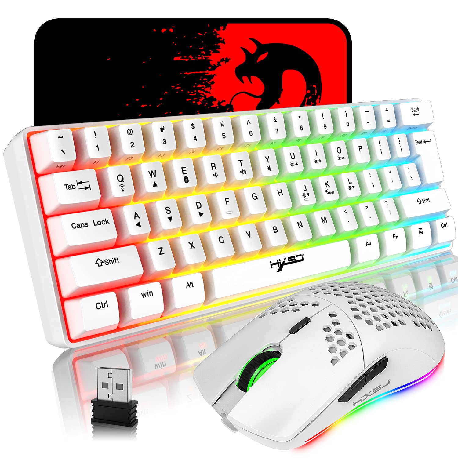 Rechargeable Bluetooth 5.0 & 2.4G Wireless/USB Wired Dual-Mode RGB Backlit Gaming Keyboard - 61-Key Compact Mechanical Keyboard with Anti-Ghosting, Wireless Gaming Mouse (750mAh Battery) for PC Gamers - Perfect for Esports, Streaming & Office Work