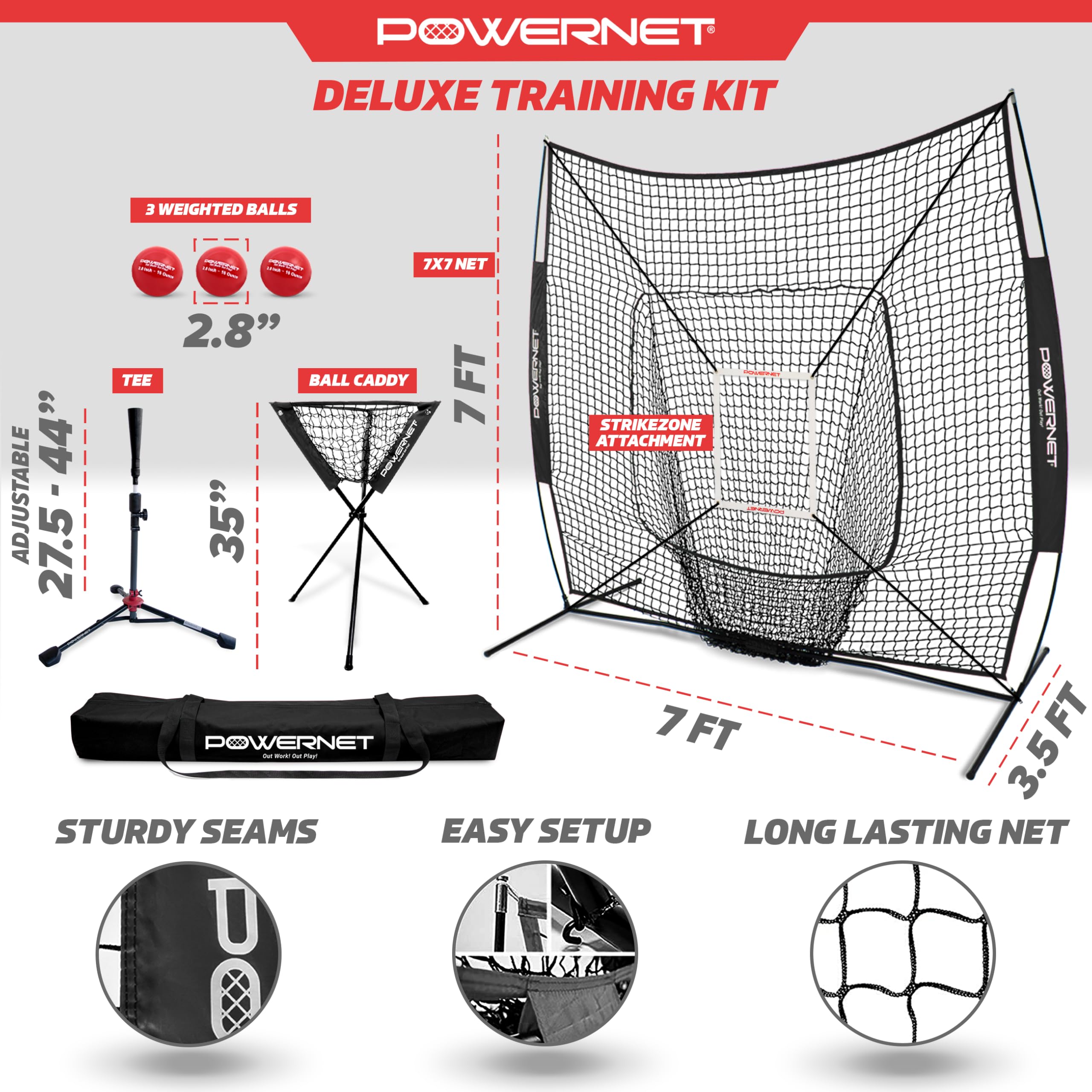 PowerNet 7x7 Baseball & Softball Training Net with Pitching, Batting & Fielding Accessories - Includes Ball Caddy, Weighted Baseballs & Hitting Tee - Perfect for Backyard Practice, Team Drills & Solo Training Sessions