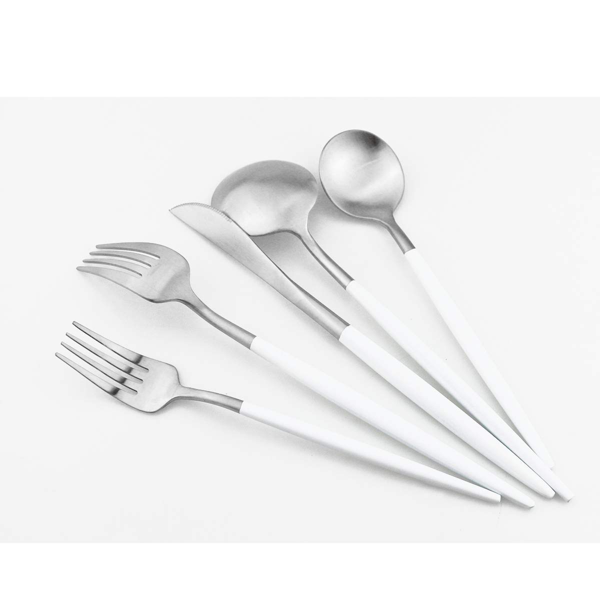 Premium 18/10 Stainless Steel Flatware Set - 5-Piece Matte White Handle Silverware (Fork, Spoon, Knife) for Dining, Camping & Travel - Durable Cutlery for Home, Outdoor & Restaurant Use