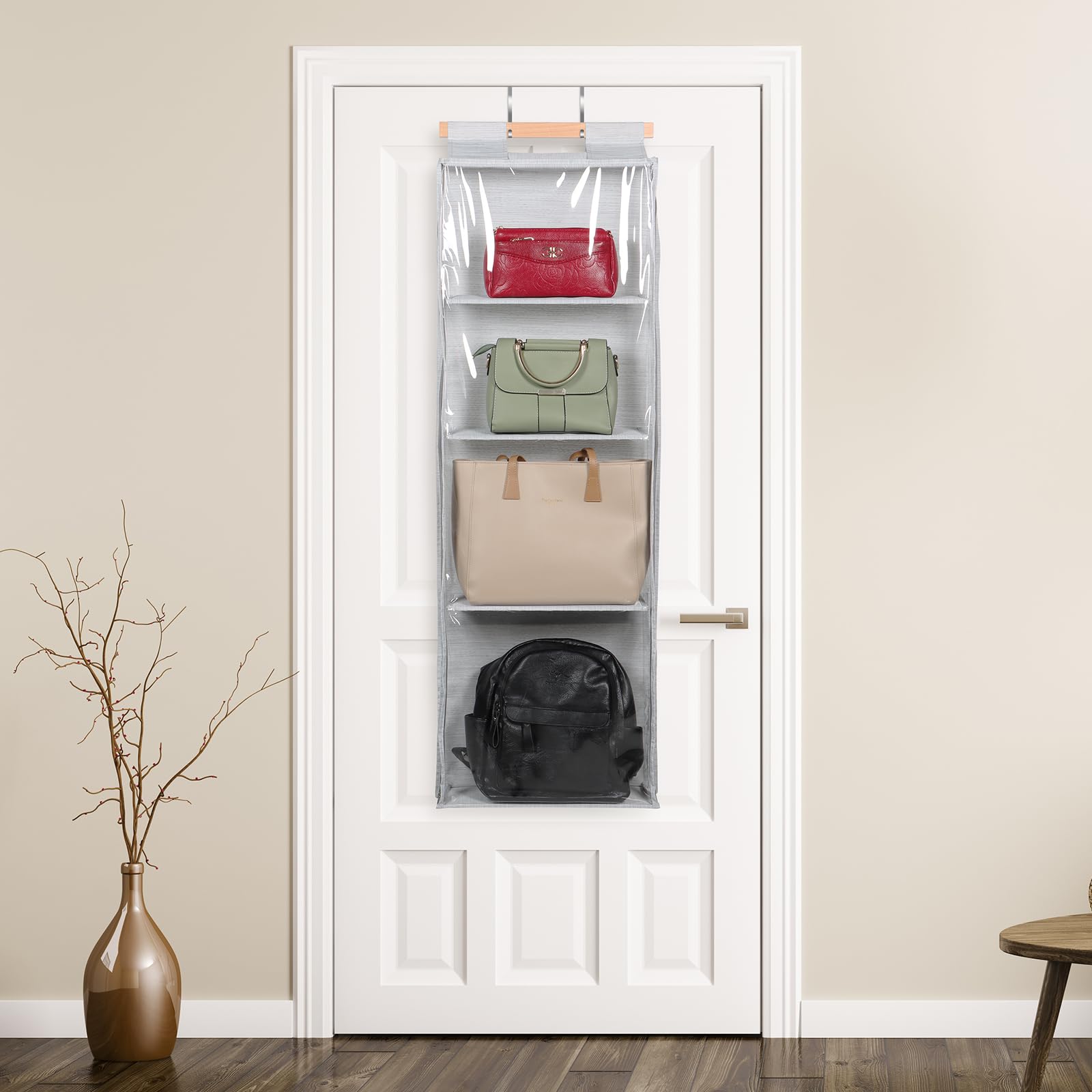 Syeeiex Clear Hanging Handbag Organizer with Zippers - 4 Mesh Shelves Dustproof Storage Bag | PVC & Slubbed Fabric Closet Organizer for Purses, Wallets & Accessories | Perfect for Bedroom Closet, Wardrobe, Door & Shelf Storage