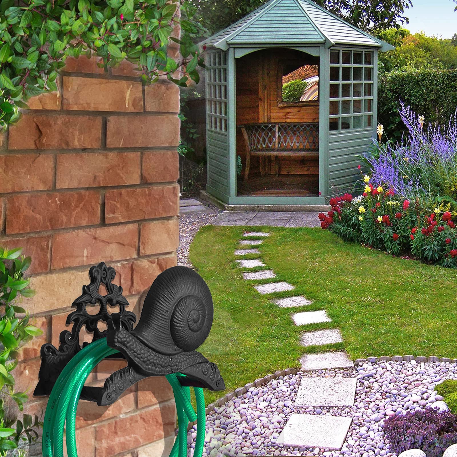 Heavy Duty Cast Iron Garden Hose Holder - Wall Mounted Hose Hanger for 50FT 75FT 100FT Water Pipe Storage | Durable Outdoor Yard Hose Organizer with Snail Design | Perfect for Garden, Lawn, and Patio Watering Systems