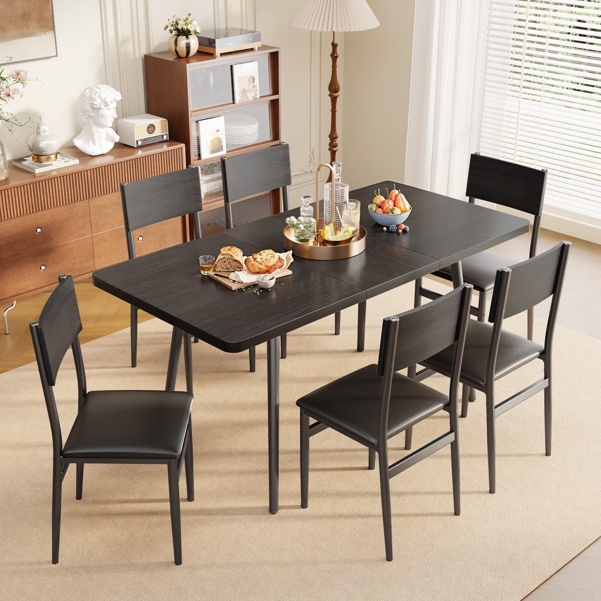 Ahomly 7-Piece Extendable Dining Table Set with 6 Padded Chairs, 63
