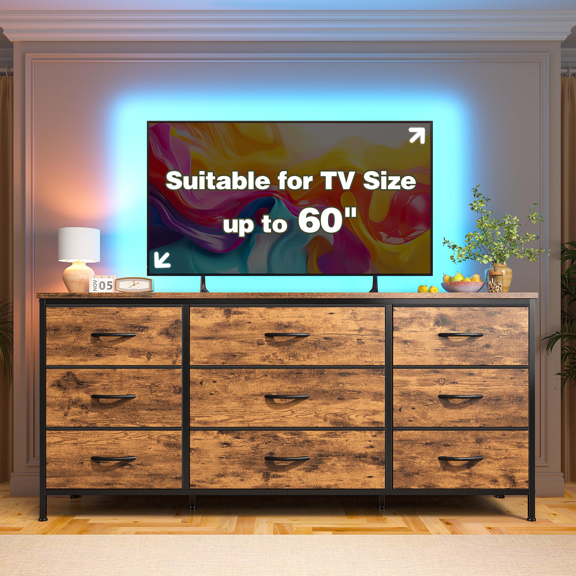 EnHomee 60'' TV Stand Dresser with 9 Drawers - Rustic Brown Wood Top & Sturdy Metal Frame - Wide Bedroom Dresser, Chest of Drawers for Living Room, Closet Organization - Perfect for TV Storage & Bedroom Furniture Arrangement