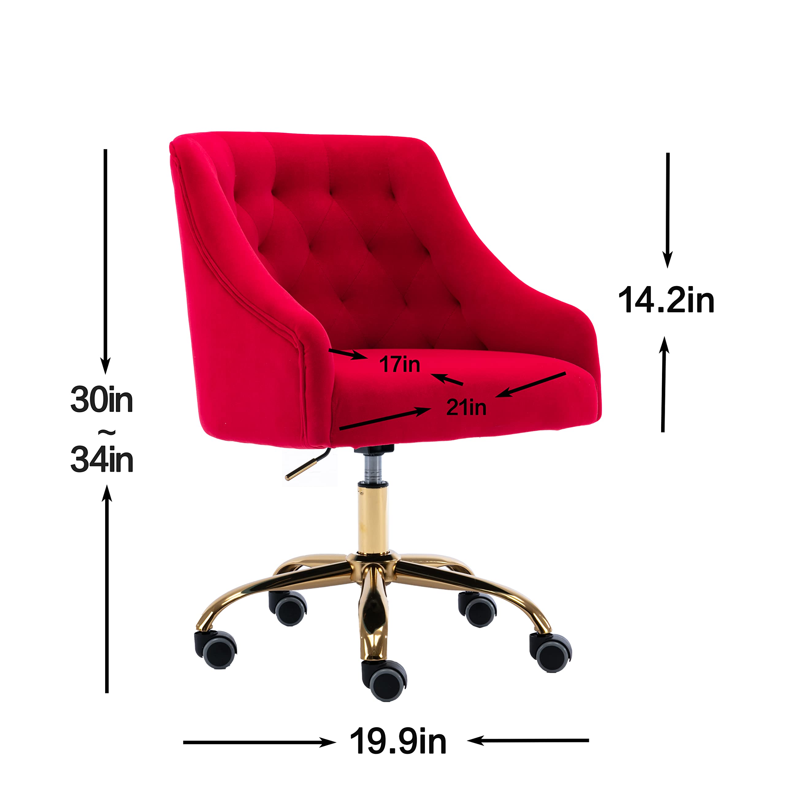 Ergonomic Velvet Swivel Office Chair - Adjustable Height Rolling Desk Chair for Home Office, Makeup Vanity, Living Room & Bedroom - Comfortable Task Chair with Wheels (Red) - Perfect for Remote Work, Gaming & Beauty Routines