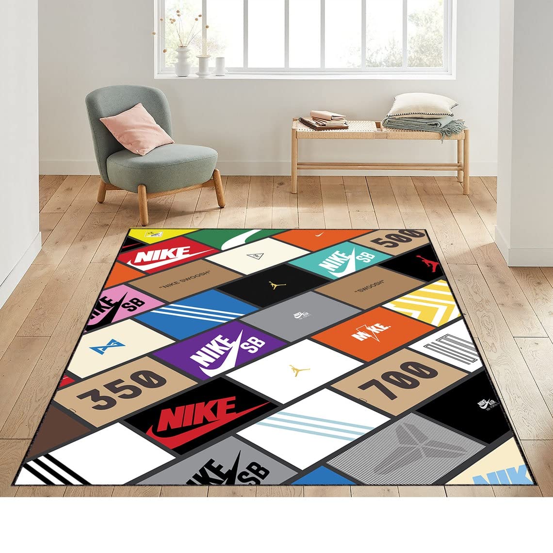 Stylish Sneaker Doormat & Rug - 3.2x4.6 Feet (100x140cm) Non-Slip Shoe Box Pattern Floor Mat for Sneakerhead Room Decor, Living Room, Entryway - Perfect for Street Fashion Enthusiasts & Sneaker Collection Display