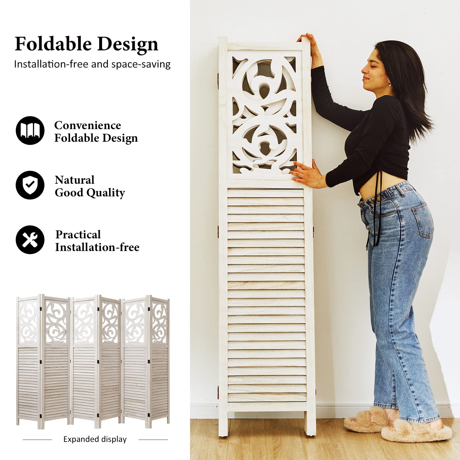 Wooden Room Divider Screen - 6 Panel Folding Partition for Home, Office, Garden & Terrace | 67x90 Inches Portable Wall Divider (White) | Perfect for Privacy, Space Separation & Decoration