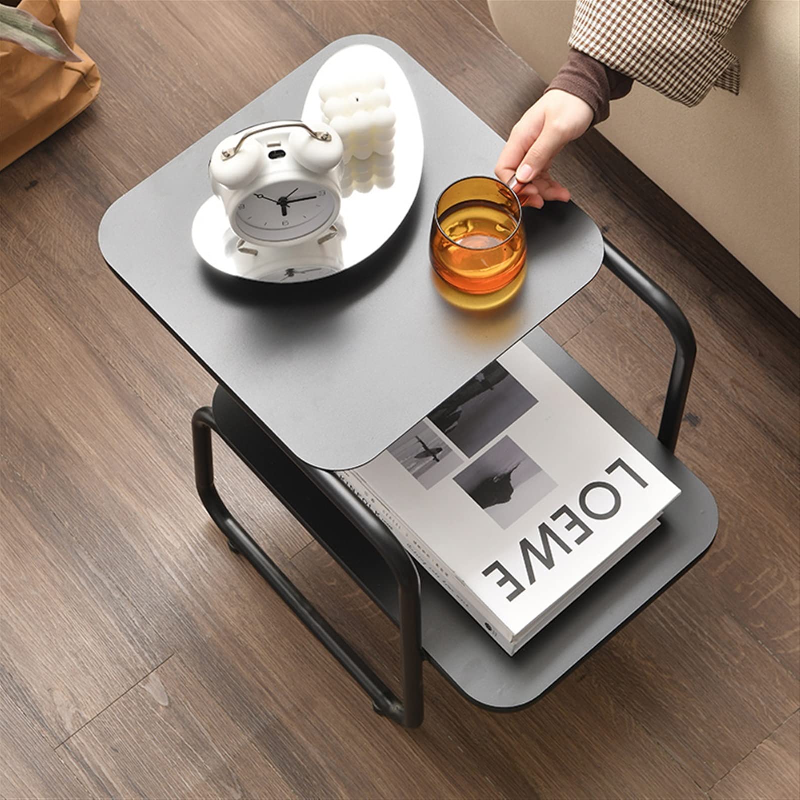 Modern 2-Tier Coffee Table with Storage - Black Wrought Iron Side Table for Living Room, Bedroom, or Office - Perfect as Sofa End Table, Bedside Table, or Space-Saving Corner Table